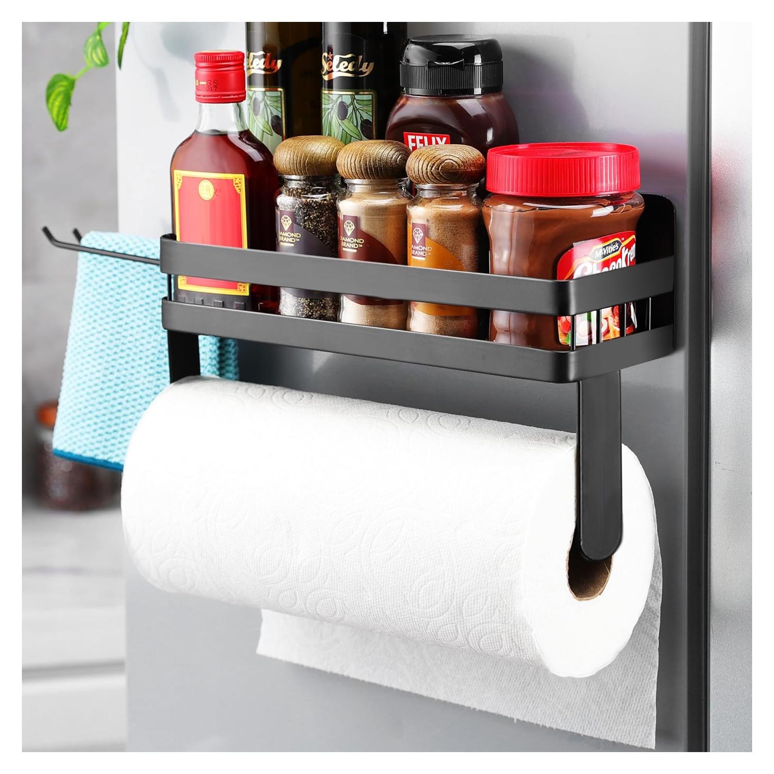 DELITON Magnetic Paper Towel Holder for Fridge - Black Paper Towel Roll Holder with Shelf for Grill Strong Magnetic Heavy Duty, Kitchen Refrigerator Organization Spice Rack with 2 Hooks No Drill