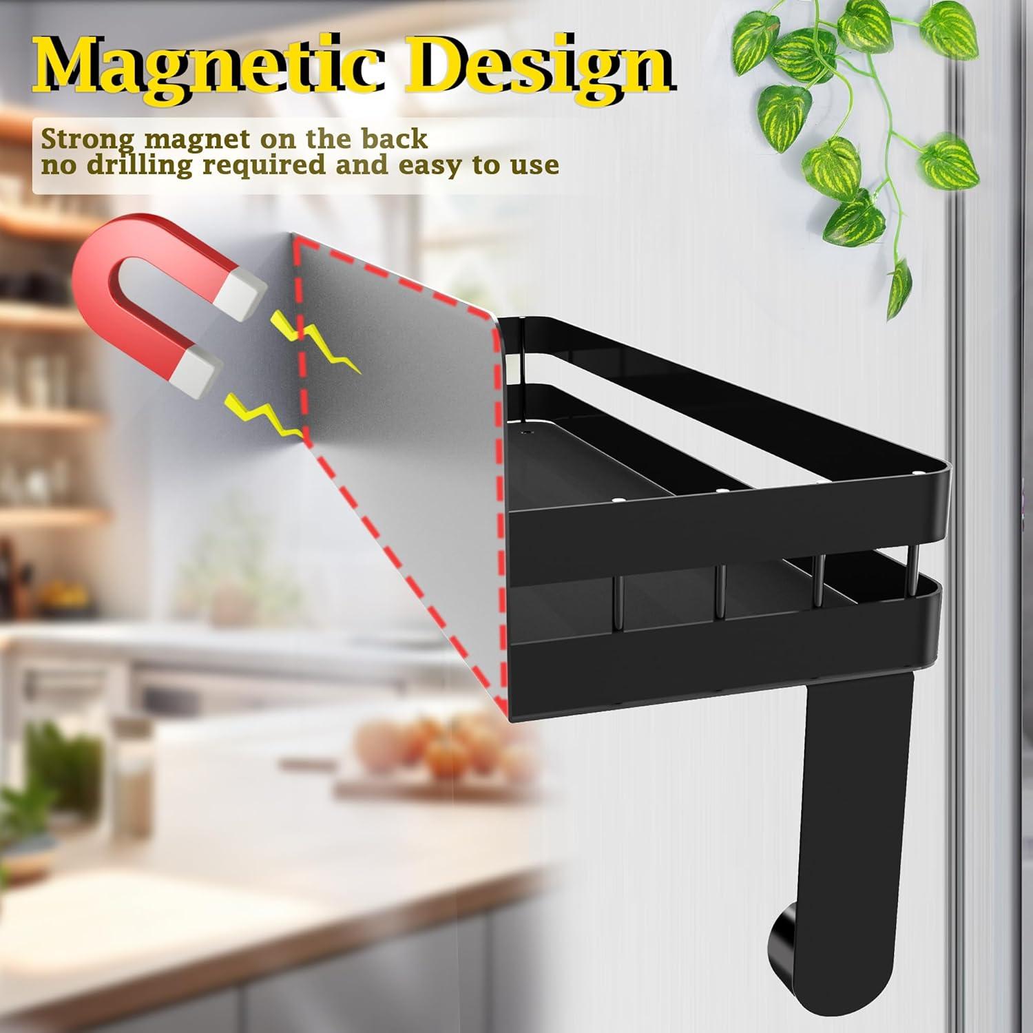 DELITON Magnetic Paper Towel Holder for Fridge - Black Paper Towel Roll Holder with Shelf for Grill Strong Magnetic Heavy Duty, Kitchen Refrigerator Organization Spice Rack with 2 Hooks No Drill