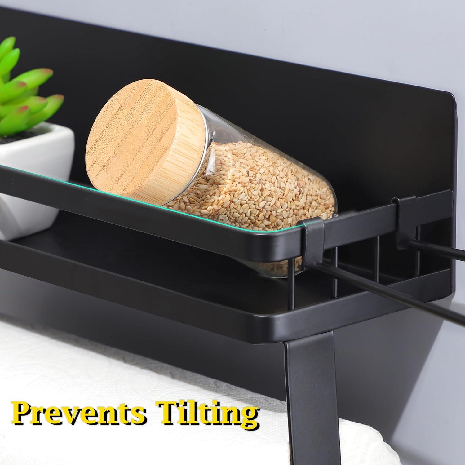 DELITON Magnetic Paper Towel Holder for Fridge - Black Paper Towel Roll Holder with Shelf for Grill Strong Magnetic Heavy Duty, Kitchen Refrigerator Organization Spice Rack with 2 Hooks No Drill