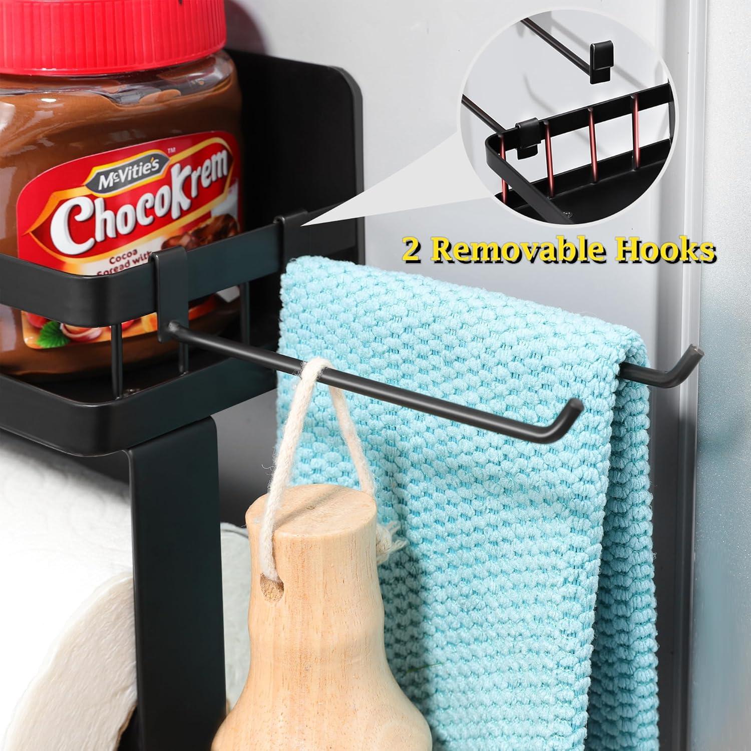 DELITON Magnetic Paper Towel Holder for Fridge - Black Paper Towel Roll Holder with Shelf for Grill Strong Magnetic Heavy Duty, Kitchen Refrigerator Organization Spice Rack with 2 Hooks No Drill