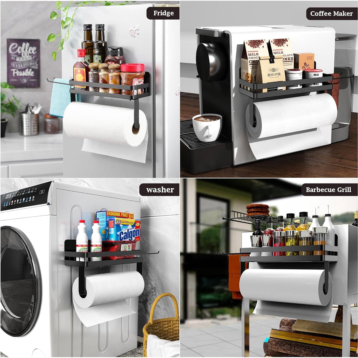 DELITON Magnetic Paper Towel Holder for Fridge - Black Paper Towel Roll Holder with Shelf for Grill Strong Magnetic Heavy Duty, Kitchen Refrigerator Organization Spice Rack with 2 Hooks No Drill