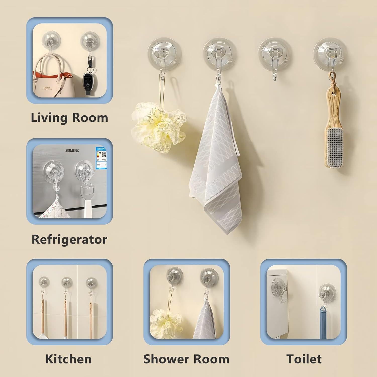 CozyBlue Suction Cup Hooks Heavy Duty - 2 Pack Waterproof Reusable Shower Hooks - Removable for Window, Glass Door, Hangers, Kitchen Tiles, Bathroom Shower Wall…