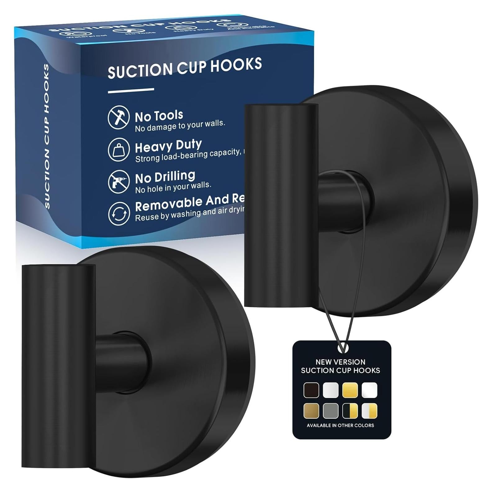 Suction Cup Hooks for Shower,Heavy Duty Shower Towel Suction Hooks,No Drill Wall Mounted Towel Hooks for Bathrooms Wall,Kitchen,Glass,Mirror,Tile to Hang Towels,Robes,Coat-Black(2 Pack)