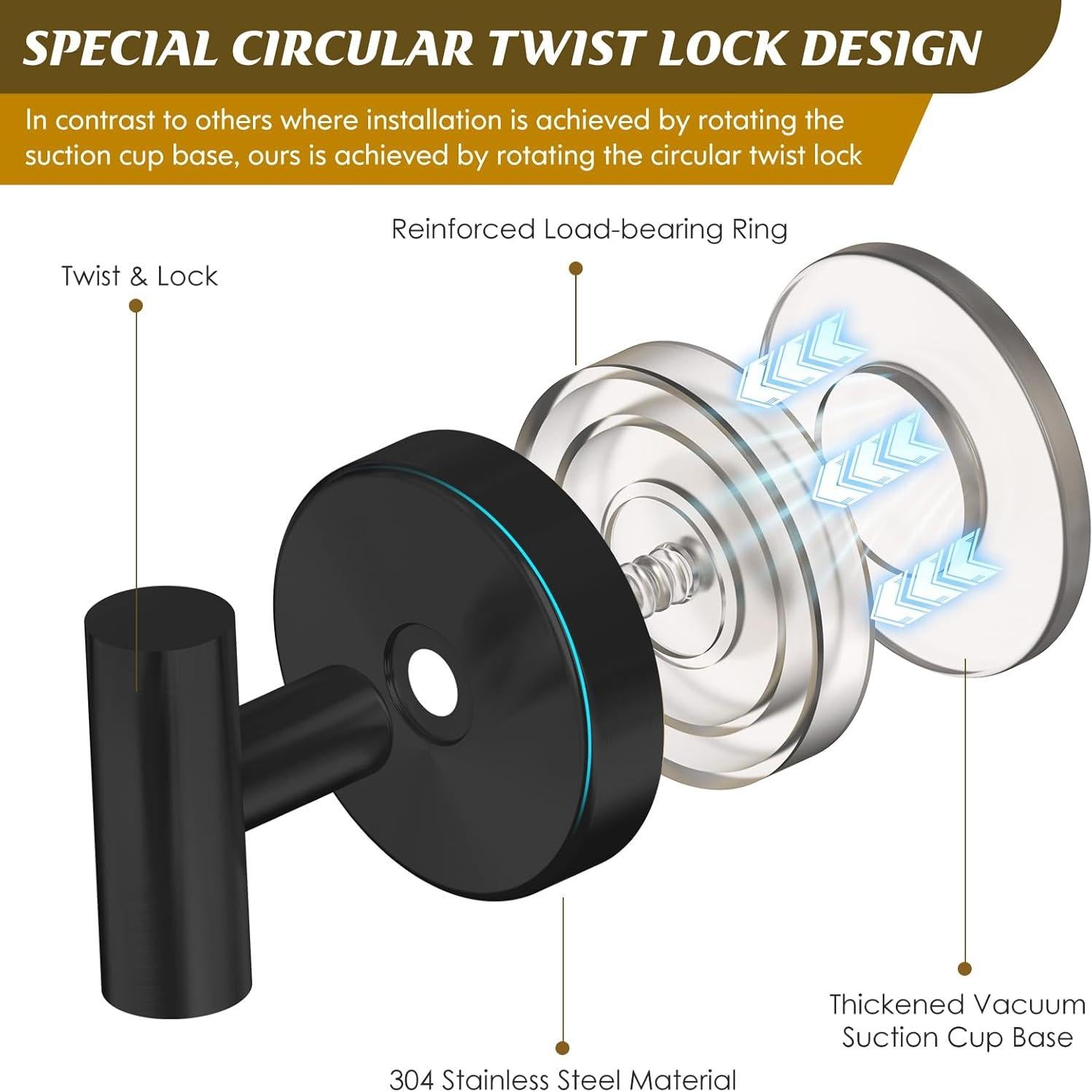 Suction Cup Hooks for Shower,Heavy Duty Shower Towel Suction Hooks,No Drill Wall Mounted Towel Hooks for Bathrooms Wall,Kitchen,Glass,Mirror,Tile to Hang Towels,Robes,Coat-Black(2 Pack)