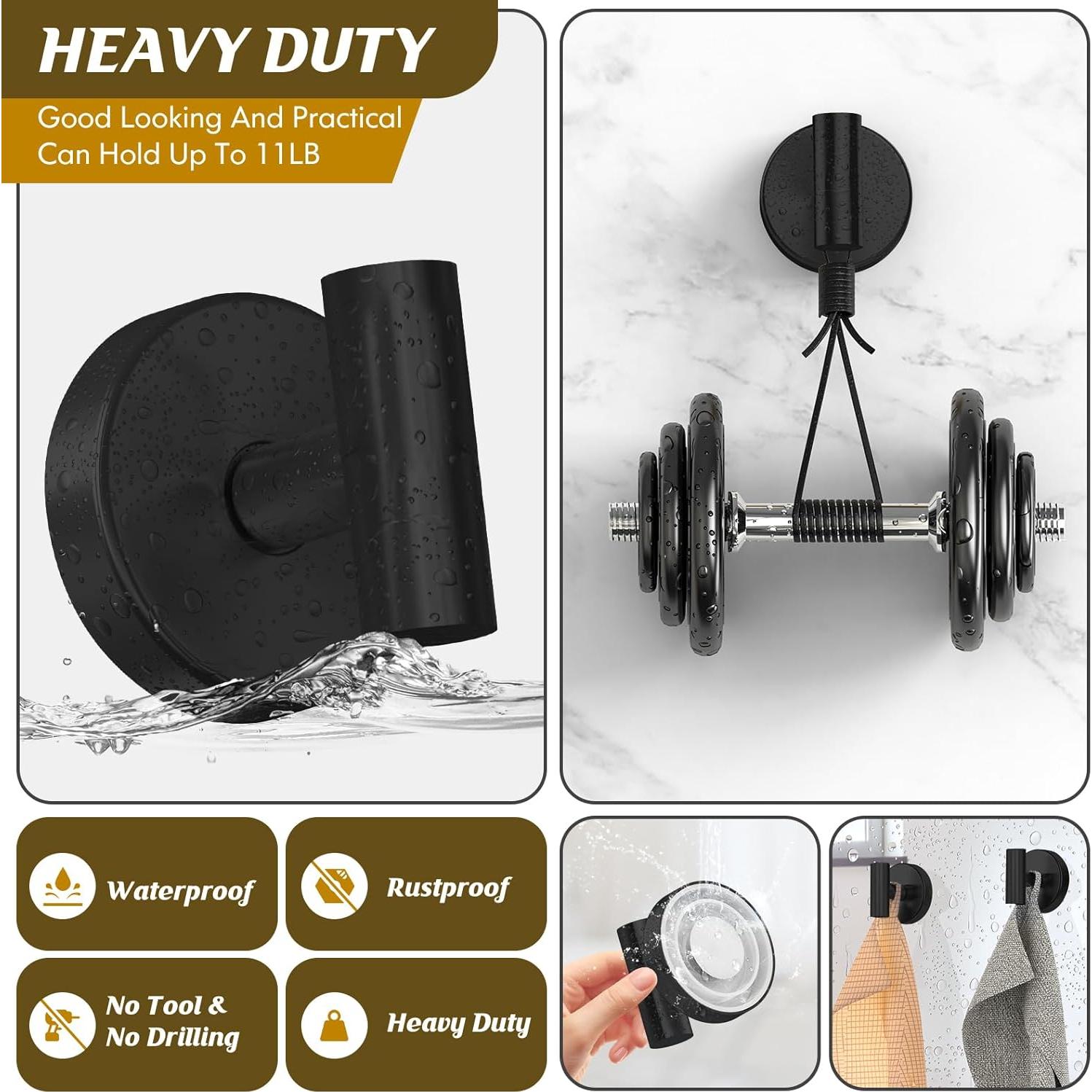 Suction Cup Hooks for Shower,Heavy Duty Shower Towel Suction Hooks,No Drill Wall Mounted Towel Hooks for Bathrooms Wall,Kitchen,Glass,Mirror,Tile to Hang Towels,Robes,Coat-Black(2 Pack)