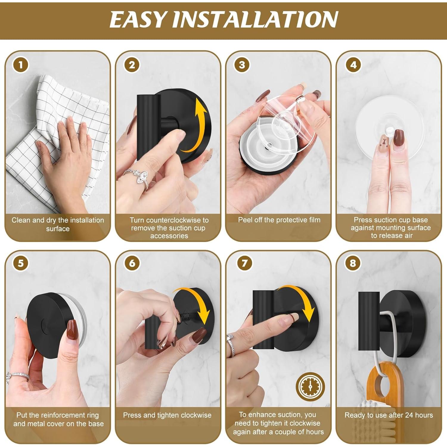 Suction Cup Hooks for Shower,Heavy Duty Shower Towel Suction Hooks,No Drill Wall Mounted Towel Hooks for Bathrooms Wall,Kitchen,Glass,Mirror,Tile to Hang Towels,Robes,Coat-Black(2 Pack)