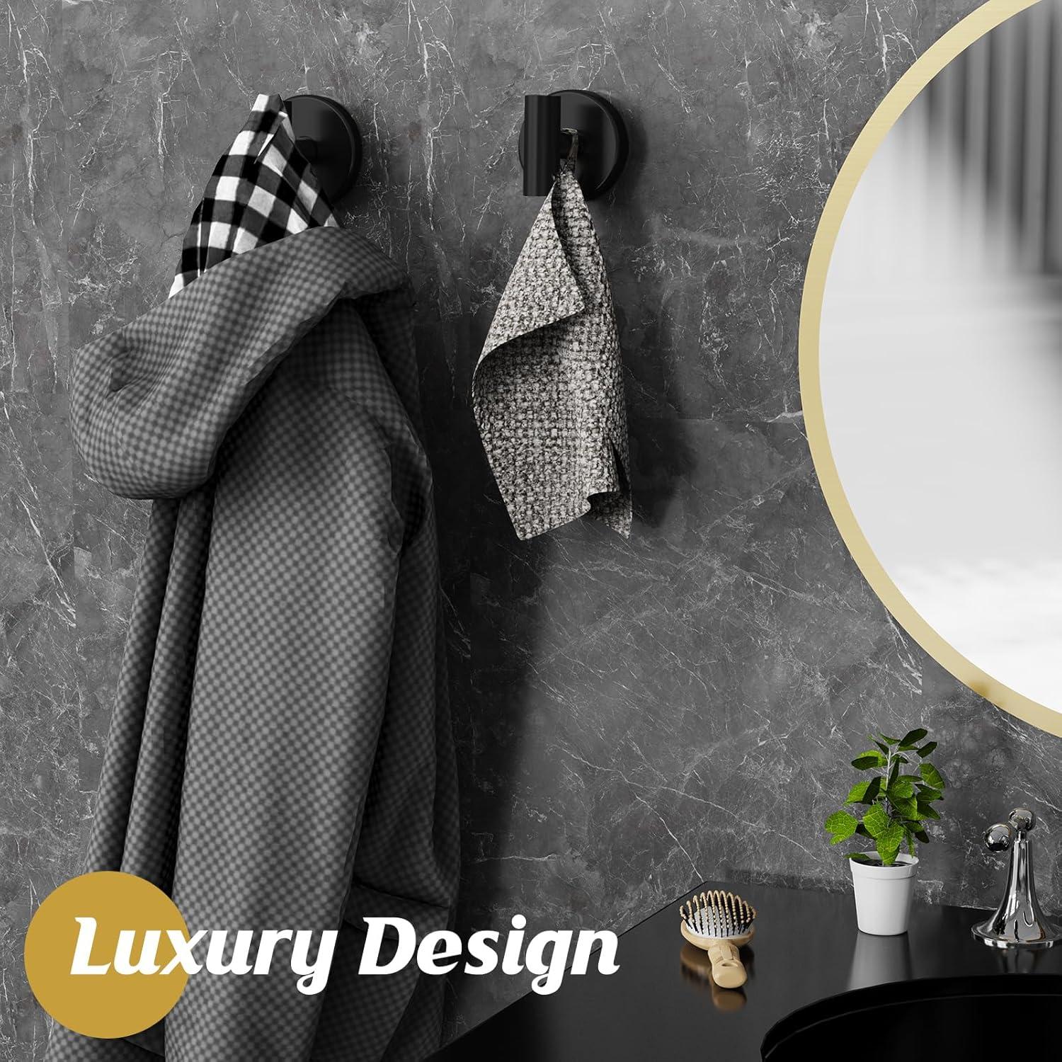 Suction Cup Hooks for Shower,Heavy Duty Shower Towel Suction Hooks,No Drill Wall Mounted Towel Hooks for Bathrooms Wall,Kitchen,Glass,Mirror,Tile to Hang Towels,Robes,Coat-Black(2 Pack)