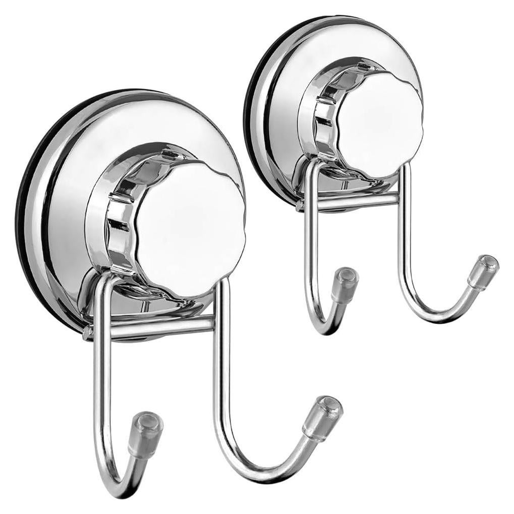 SANNO Double Suction Hooks Suction Cups Vacuum Hook for Flat Smooth Wall Surface Towel Robe Bathroom Kitchen Shower Bath Coat, Stainless Steel (2 Pack)