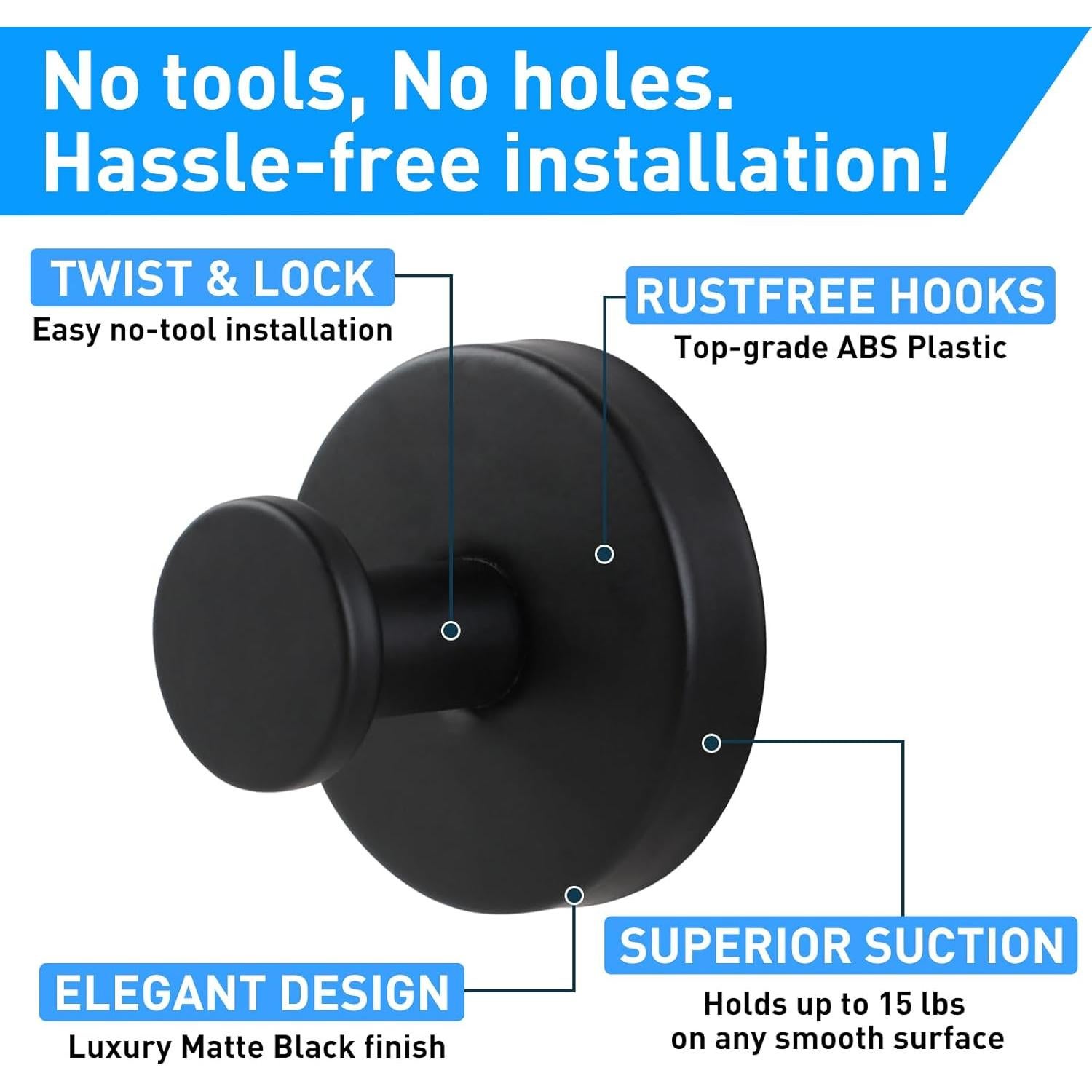 Ganchos de Ventosa para Ducha Nabobt - 2 Piezas Metal Negro Mate