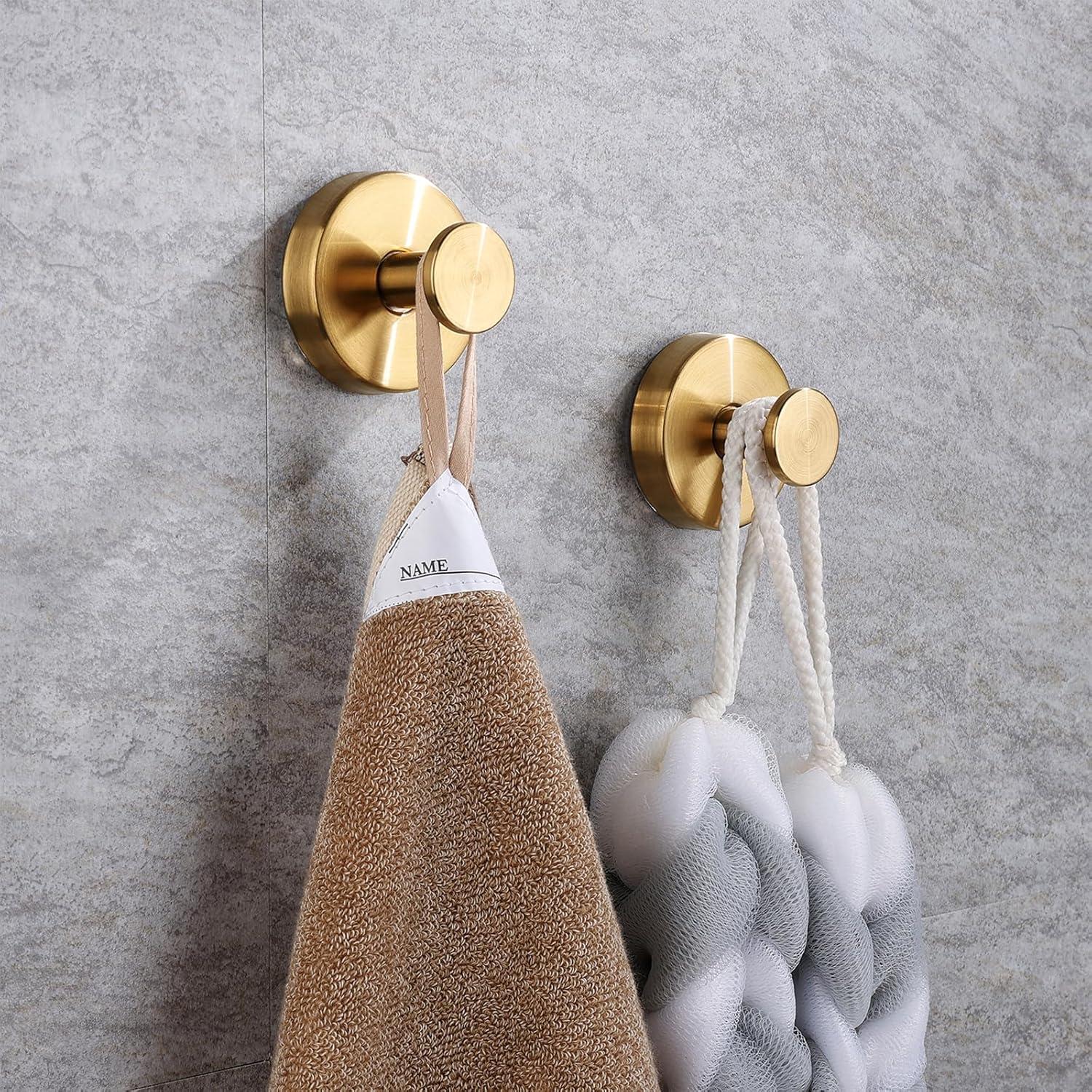 Suction Cup Hooks for Shower, Towel Hooks for Bathroom Kitchen Glass Mirror Tile, Stainless Steel Suction Hooks for Hanging Towel Coat Loofah Robe up to 15 lbs, 2 Pack (Gold)