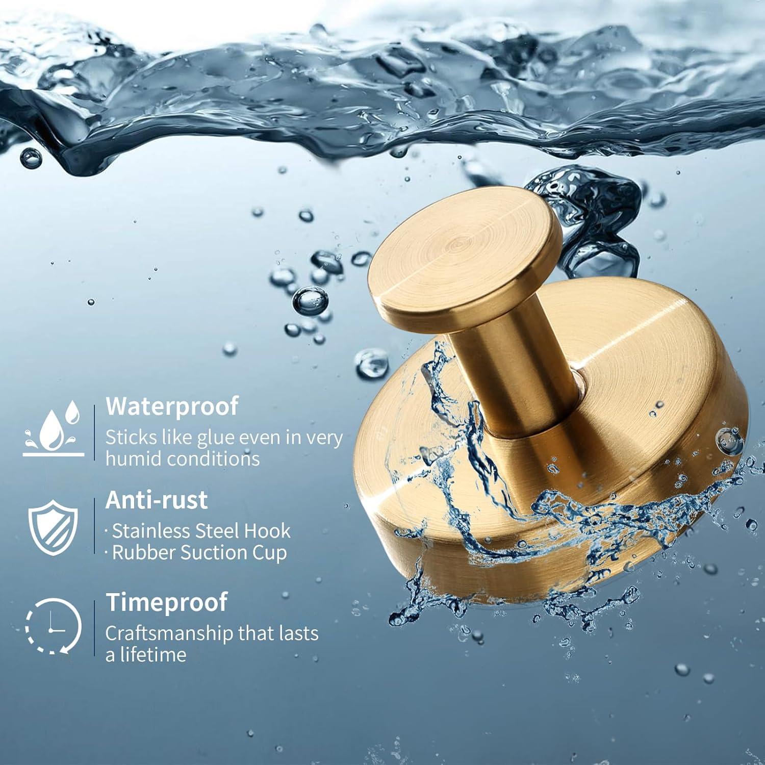 Suction Cup Hooks for Shower, Towel Hooks for Bathroom Kitchen Glass Mirror Tile, Stainless Steel Suction Hooks for Hanging Towel Coat Loofah Robe up to 15 lbs, 2 Pack (Gold)