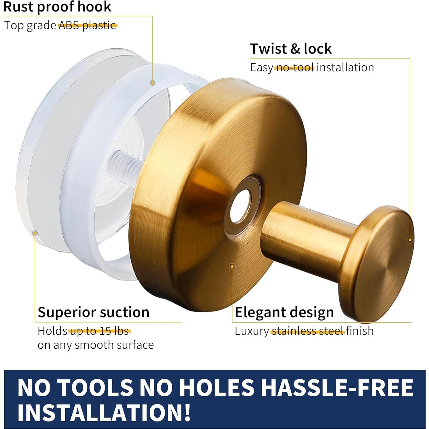 Suction Cup Hooks for Shower, Towel Hooks for Bathroom Kitchen Glass Mirror Tile, Stainless Steel Suction Hooks for Hanging Towel Coat Loofah Robe up to 15 lbs, 2 Pack (Gold)