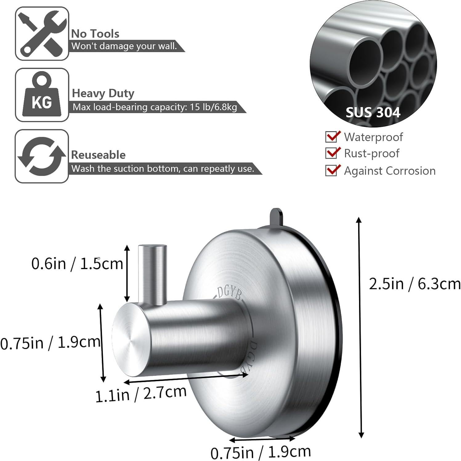 Ganchos de Ventosa DGYB Acero Inoxidable 2 Piezas 4.54kg