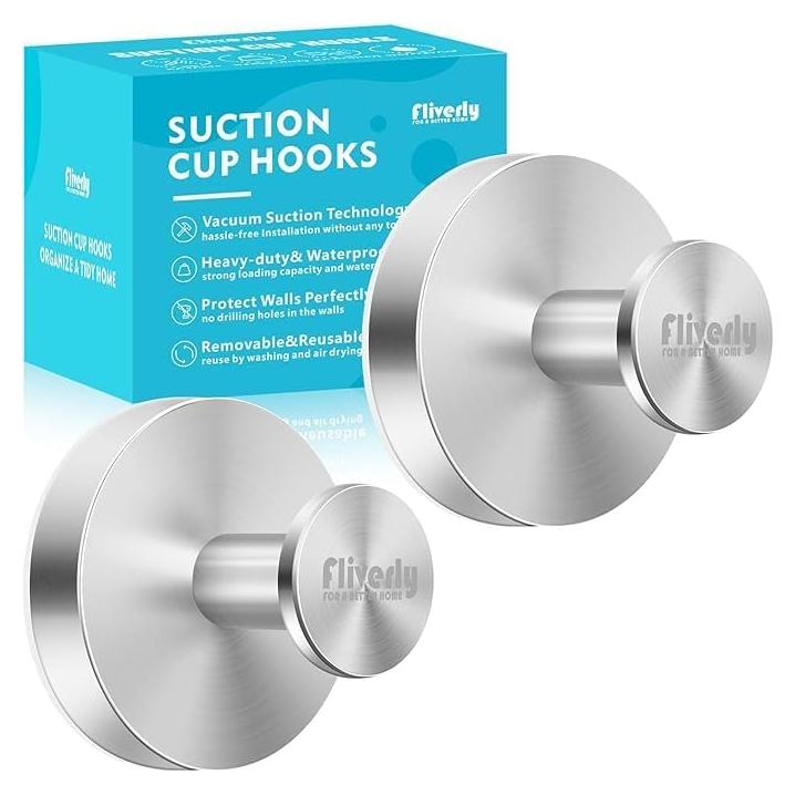 2pcs Suction Cup Hooks for Shower,Inside Shower,Wall,Bathroom,Bedroom,Kitchen,Door,Glass Window, Mirror, Tile, No Drilling Hanging for Towels,Robes,Loofah,hat,Clothing,Wreath (Silver)
