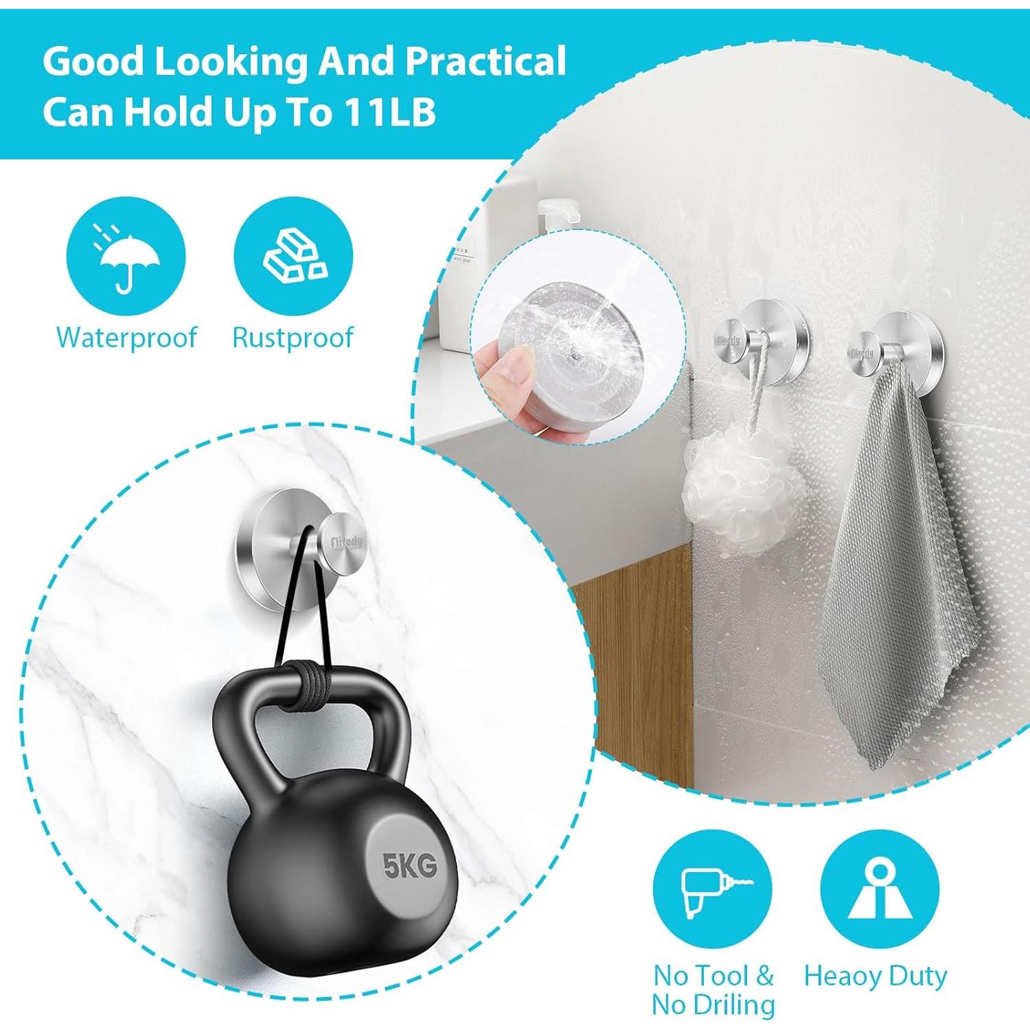 2pcs Suction Cup Hooks for Shower,Inside Shower,Wall,Bathroom,Bedroom,Kitchen,Door,Glass Window, Mirror, Tile, No Drilling Hanging for Towels,Robes,Loofah,hat,Clothing,Wreath (Silver)