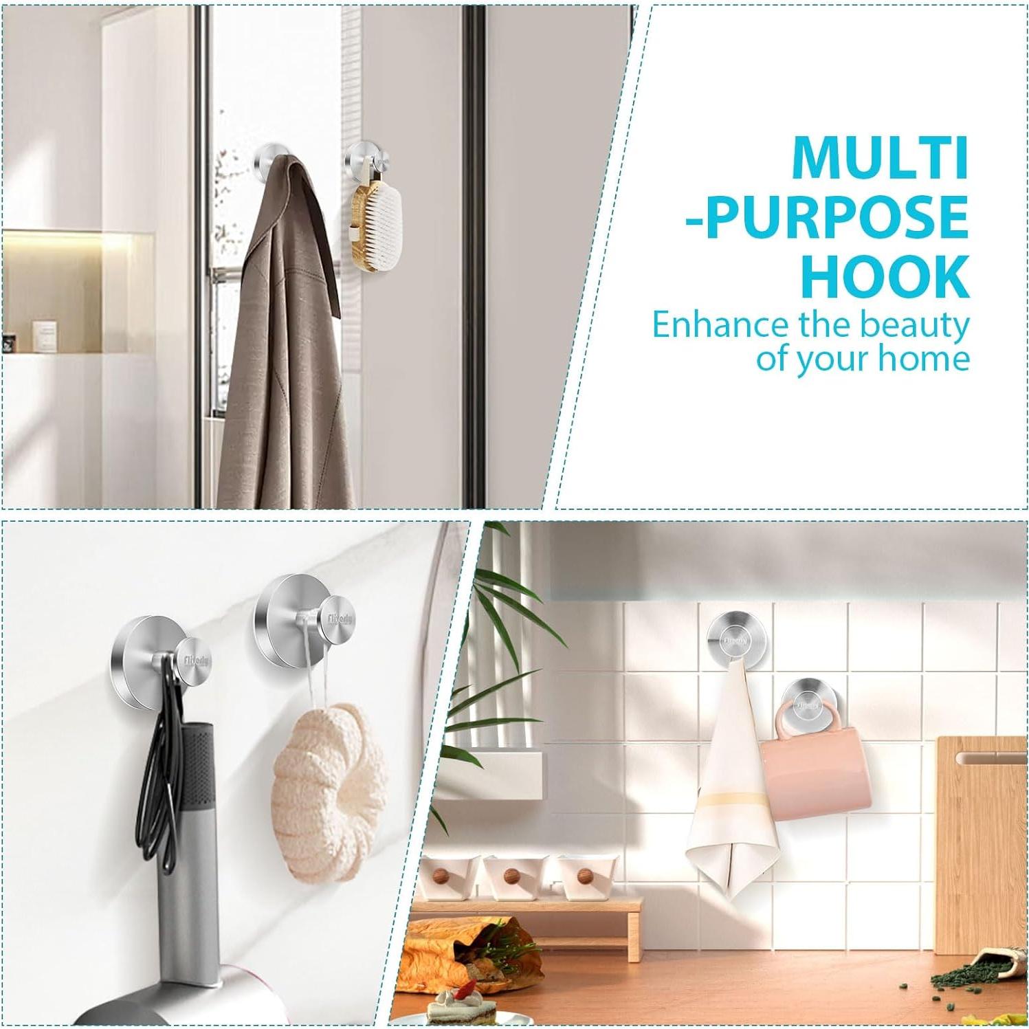 2pcs Suction Cup Hooks for Shower,Inside Shower,Wall,Bathroom,Bedroom,Kitchen,Door,Glass Window, Mirror, Tile, No Drilling Hanging for Towels,Robes,Loofah,hat,Clothing,Wreath (Silver)