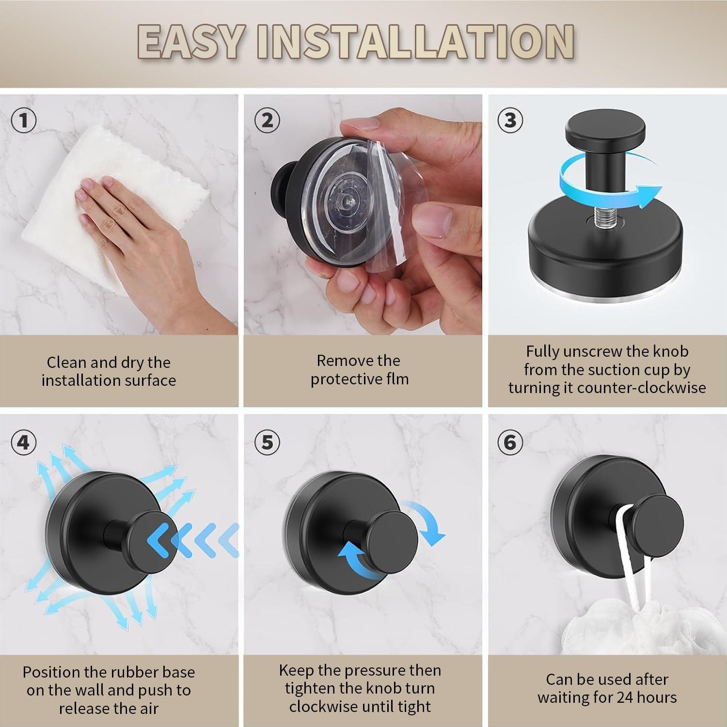 Ganchos de Ventosa SOCORIA 4 Piezas Acero Inoxidable Negro