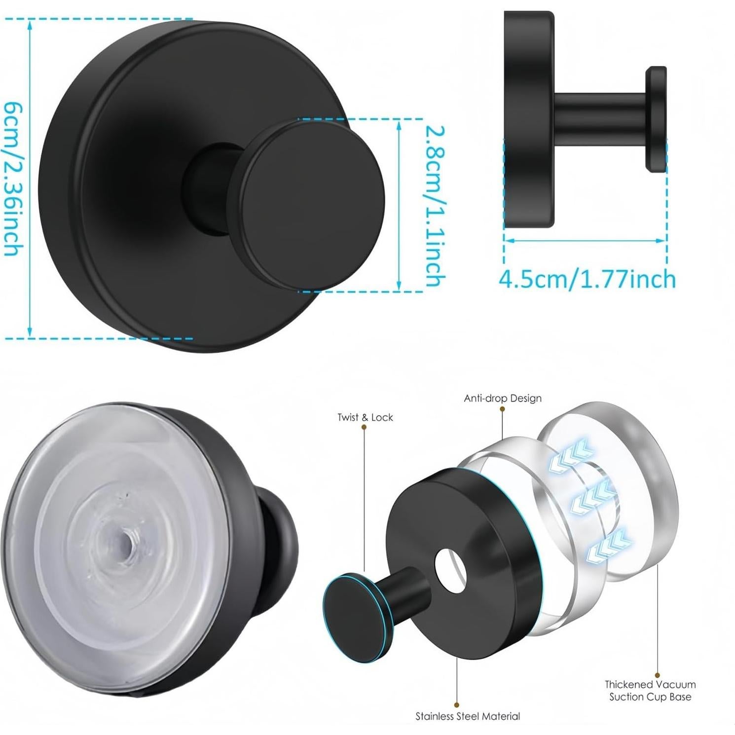 Ganchos de Ventosa FIPDNUY Negros para Baño y Cocina 2Pack