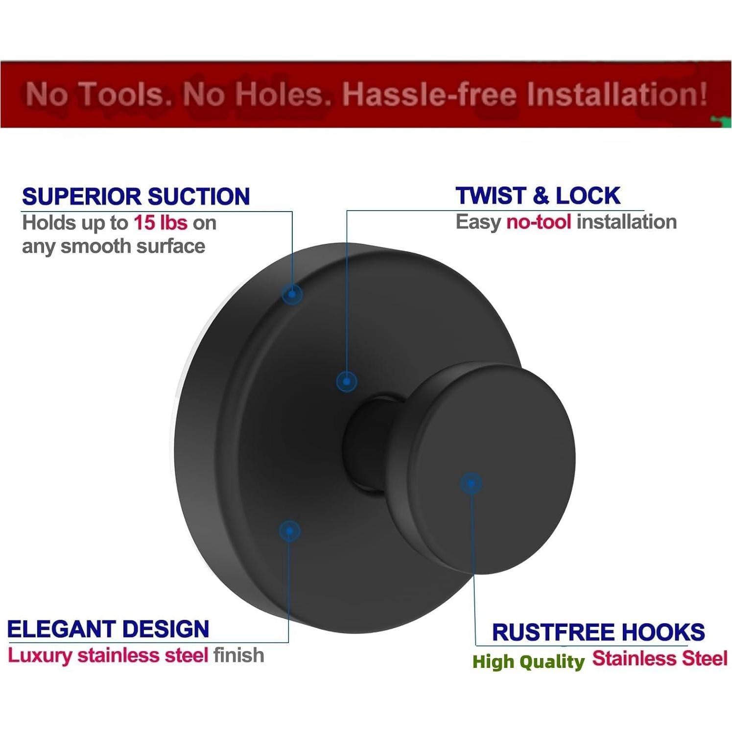 Ganchos de Ventosa FIPDNUY Negros para Baño y Cocina 2Pack