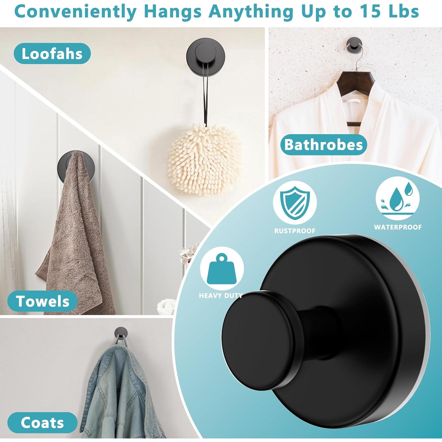 Ganchos de Ventosa Epritliber 2 Pcs Acero Inoxidable Negro Mate