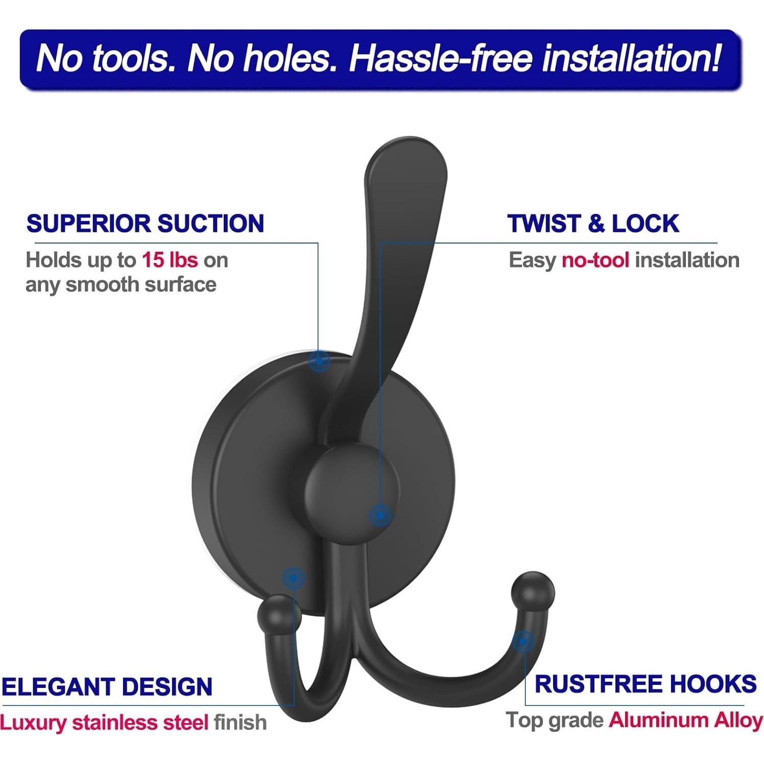 Ganchos de Ventosa Dobles Bntuk para Ducha - 2 Piezas, Negro