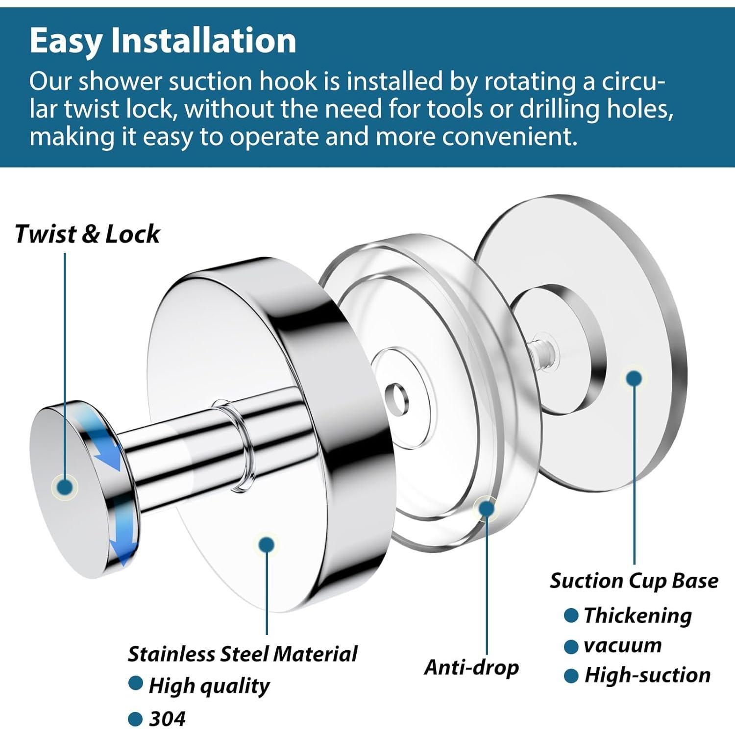 Ganchos de Ventosa AbluFirst para Ducha y Baño - 2 PCS, Cromo, 6.8 kg
