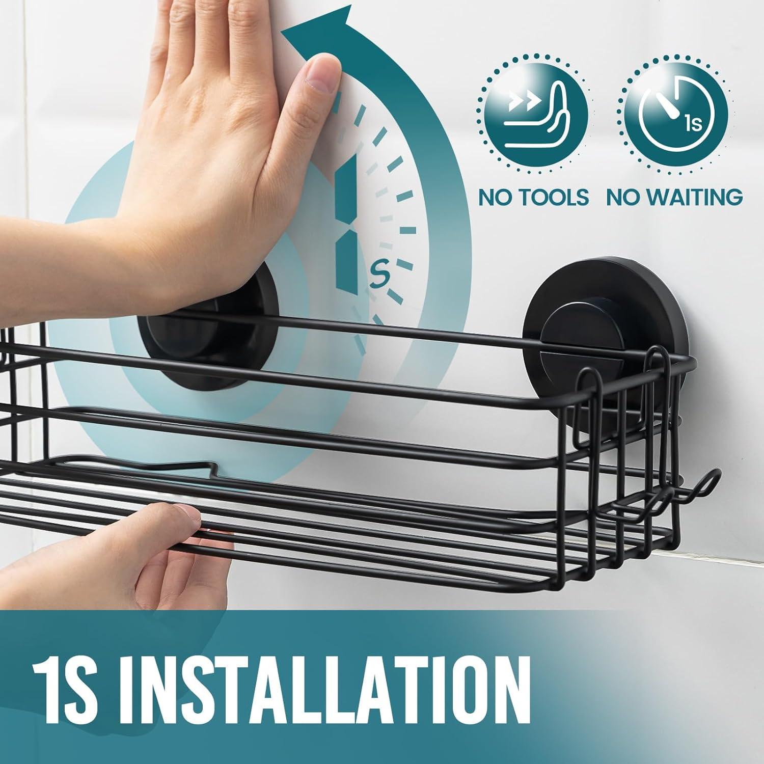 Caddy de Ducha TAILI Negro con Ventosas y Ganchos - 2 Piezas