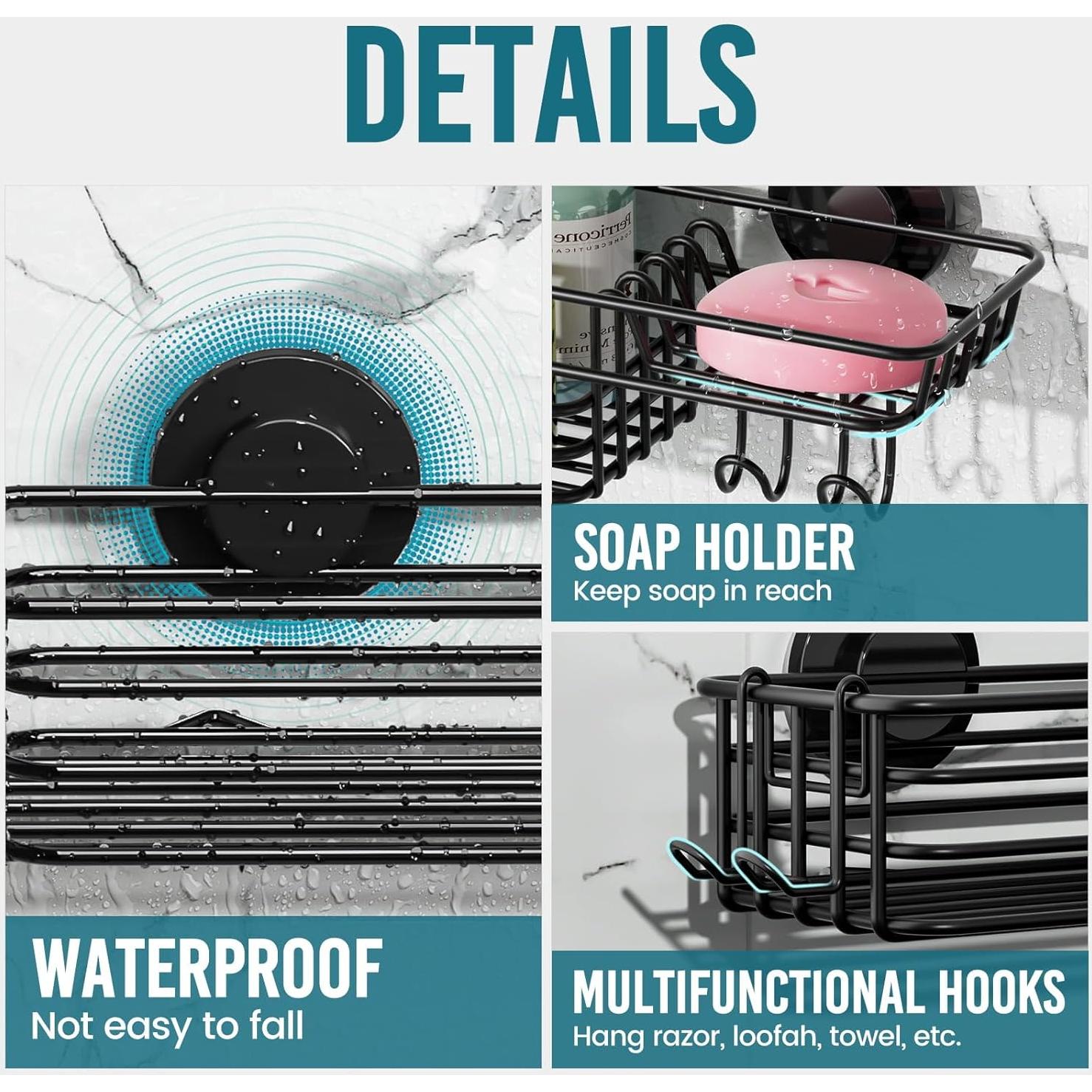 Caddy de Ducha TAILI Negro con Ventosas y Ganchos - 2 Piezas