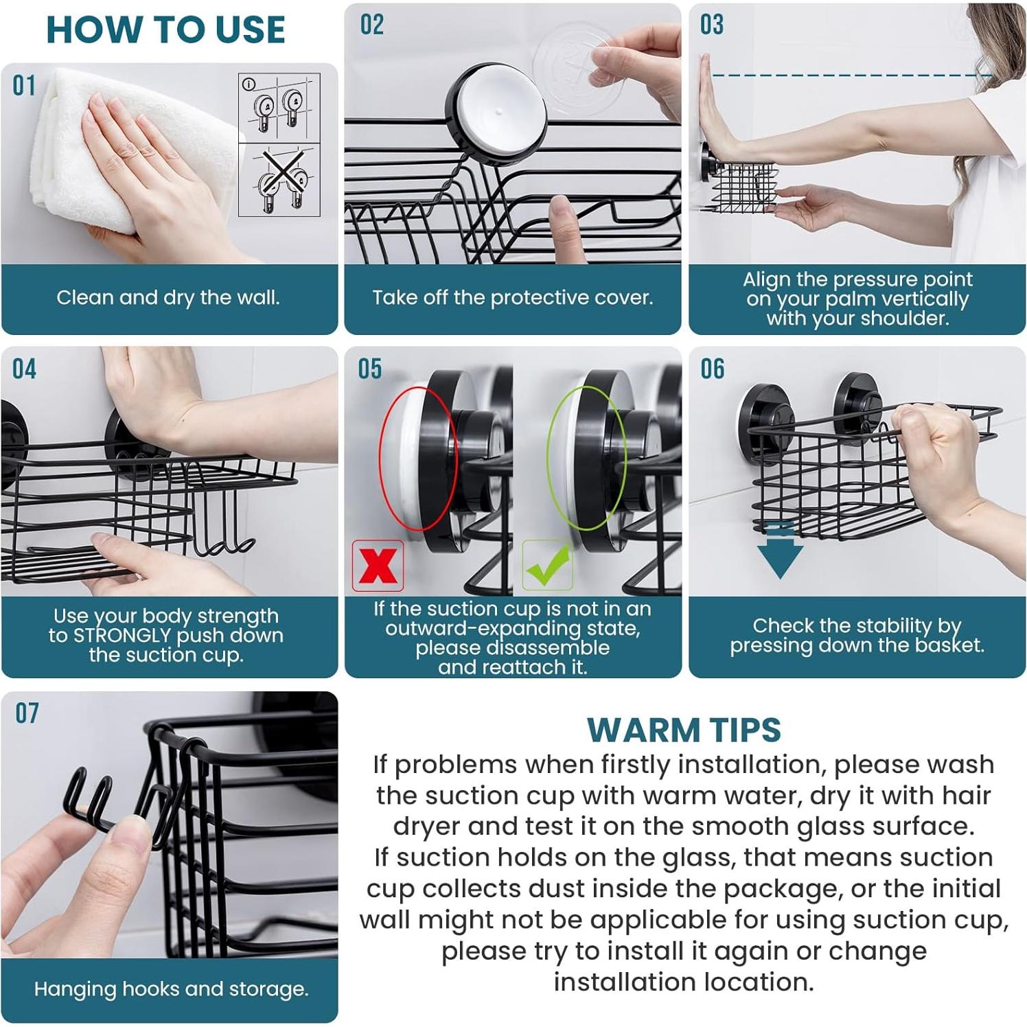 Caddy de Ducha TAILI Negro con Ventosas y Ganchos - 2 Piezas