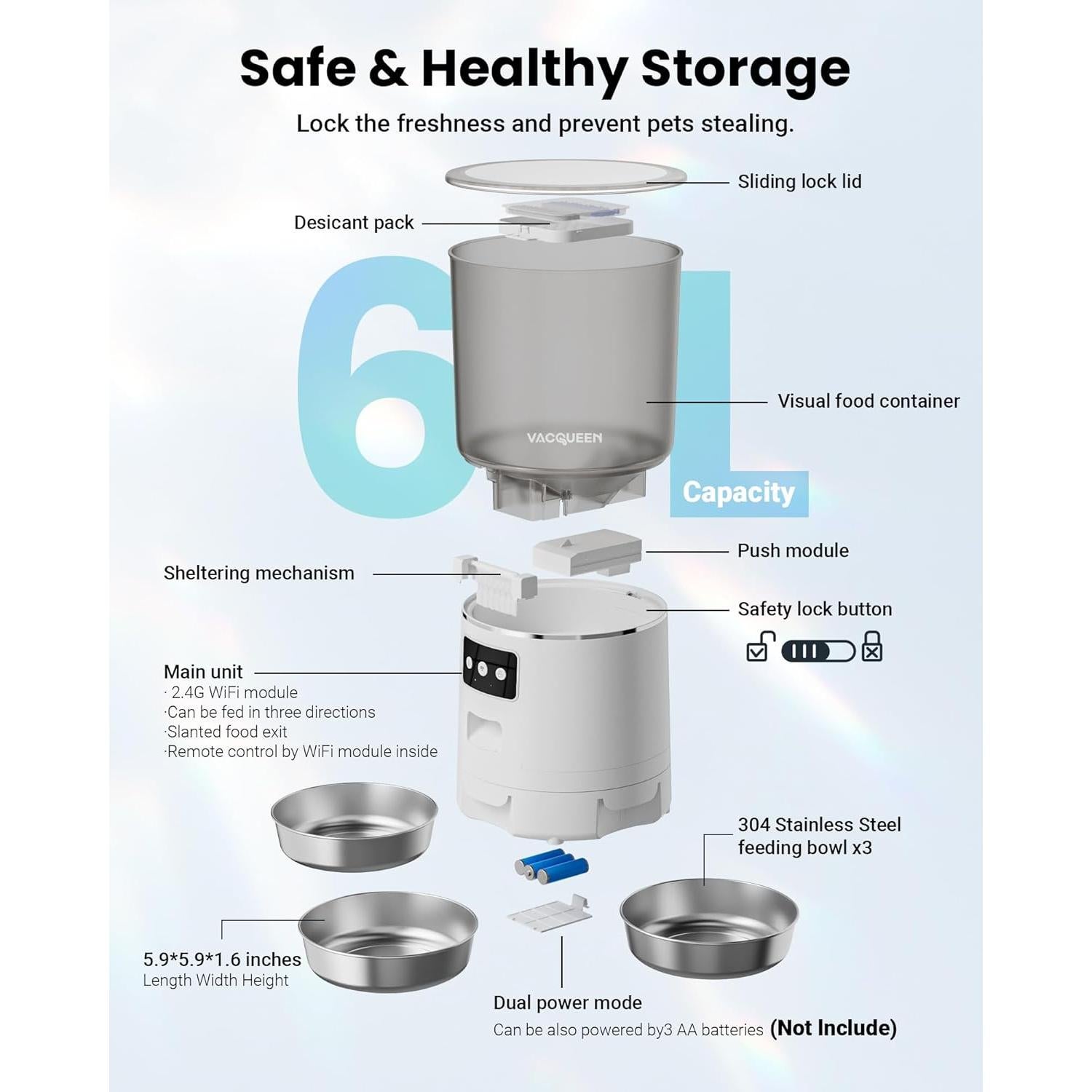 Comedero Automático WiFi Vacqueen 6L para Gatos y Perros