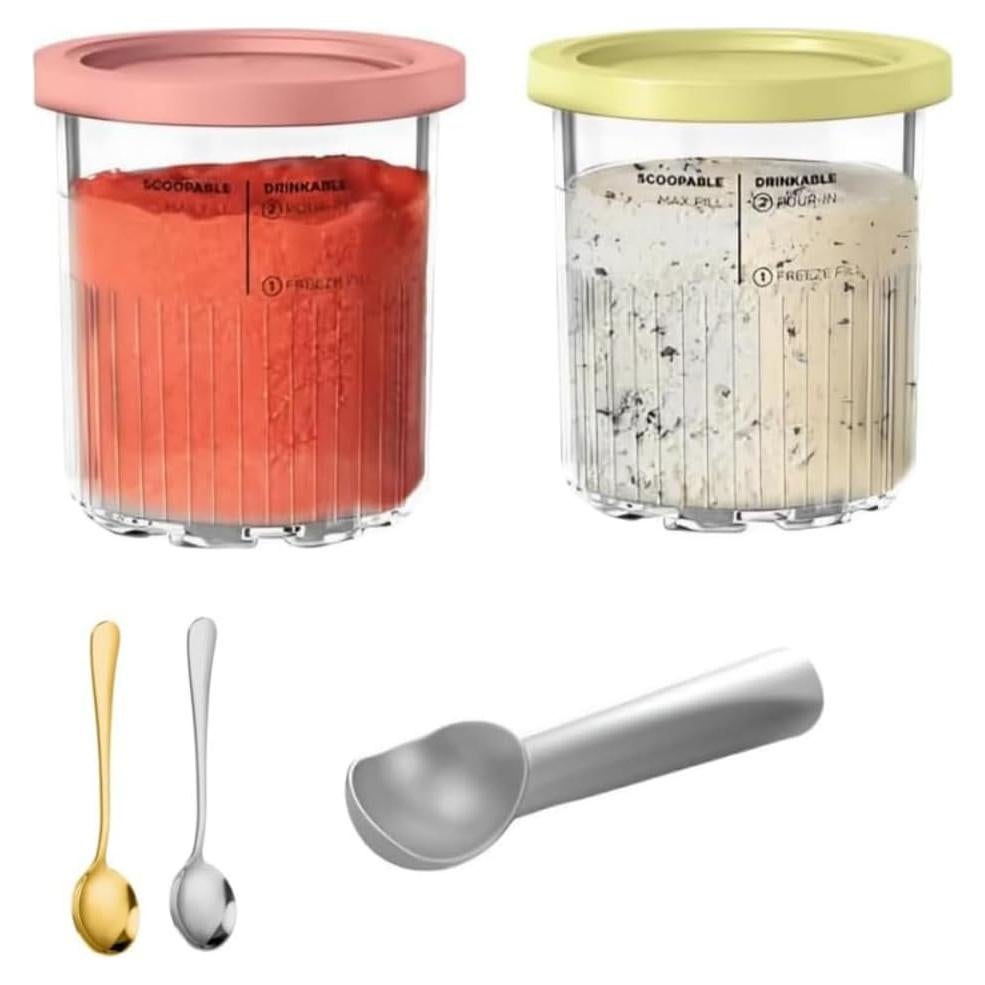 2 Pack-Compatible with NC501 NC500 Ninja Creami Deluxe Pints and Lids, Replacement for Ninja Creami 11-in-1 Series Deluxe Ice Cream Maker, 24oz Cups Dishwasher Safe with 1 Spoon
