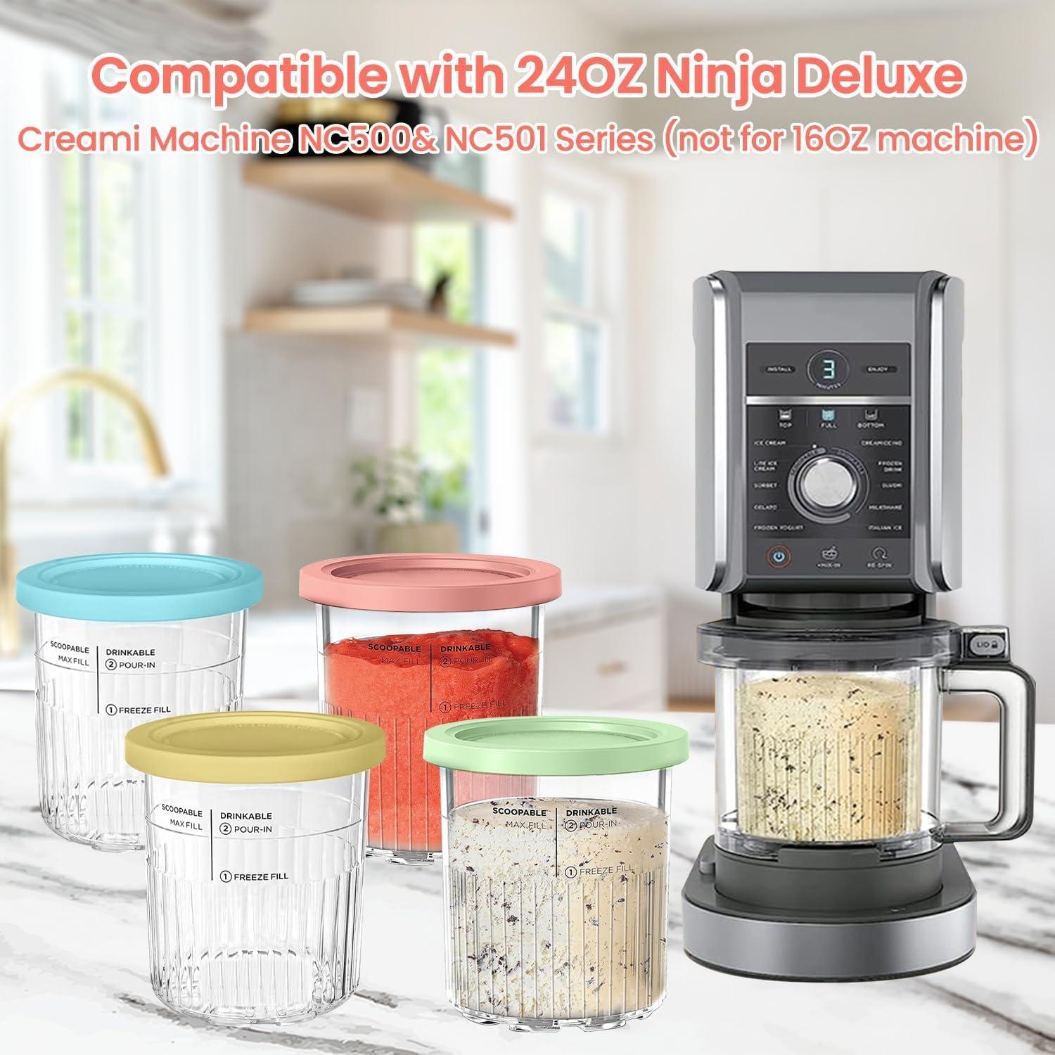 2 Pack-Compatible with NC501 NC500 Ninja Creami Deluxe Pints and Lids, Replacement for Ninja Creami 11-in-1 Series Deluxe Ice Cream Maker, 24oz Cups Dishwasher Safe with 1 Spoon