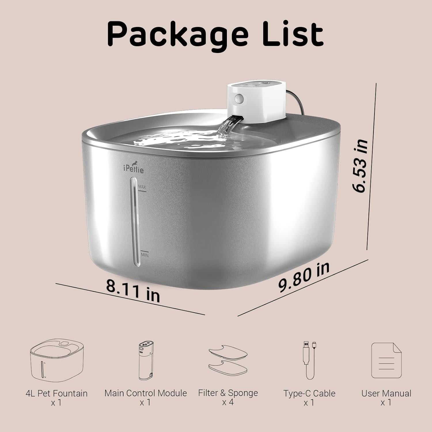 Fuente de Agua Inalámbrica para Gatos iPettie 4.16L Acero Inoxidable