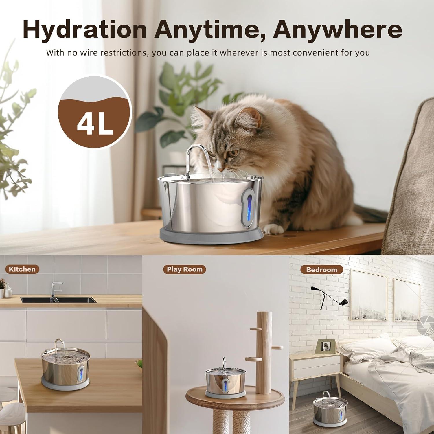 Fuente de Agua Inalámbrica para Gatos HAJXM 4L Acero Inoxidable