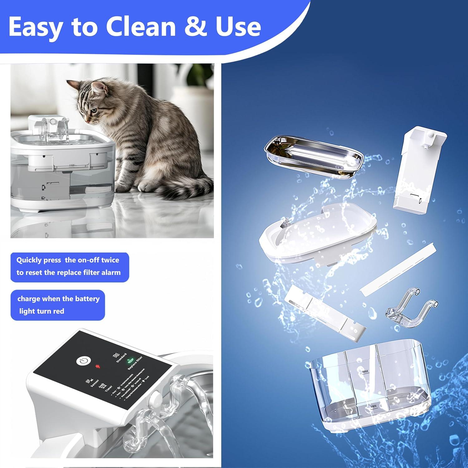 Cat Water Fountain Wireless,Pet Water Fountain Battery Operated for Cats Indoor,4.5L/150oz Automatic Dog Water Dispenser,Quiet Cordless Water Fountains with Motion Sensor,Stainless Steel