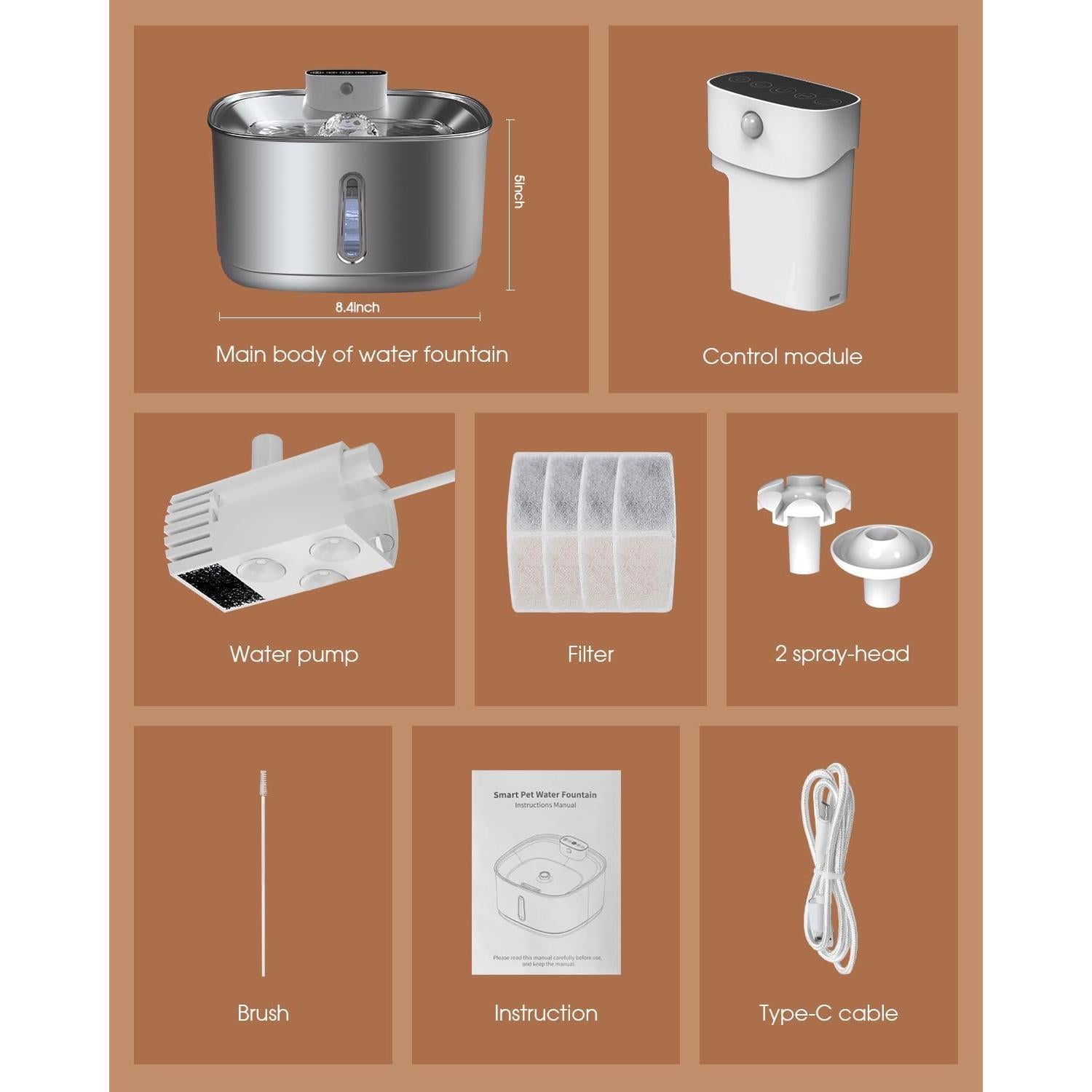 Fuente de Agua Inalámbrica para Gatos Zxuanua 3.2L Acero Inoxidable