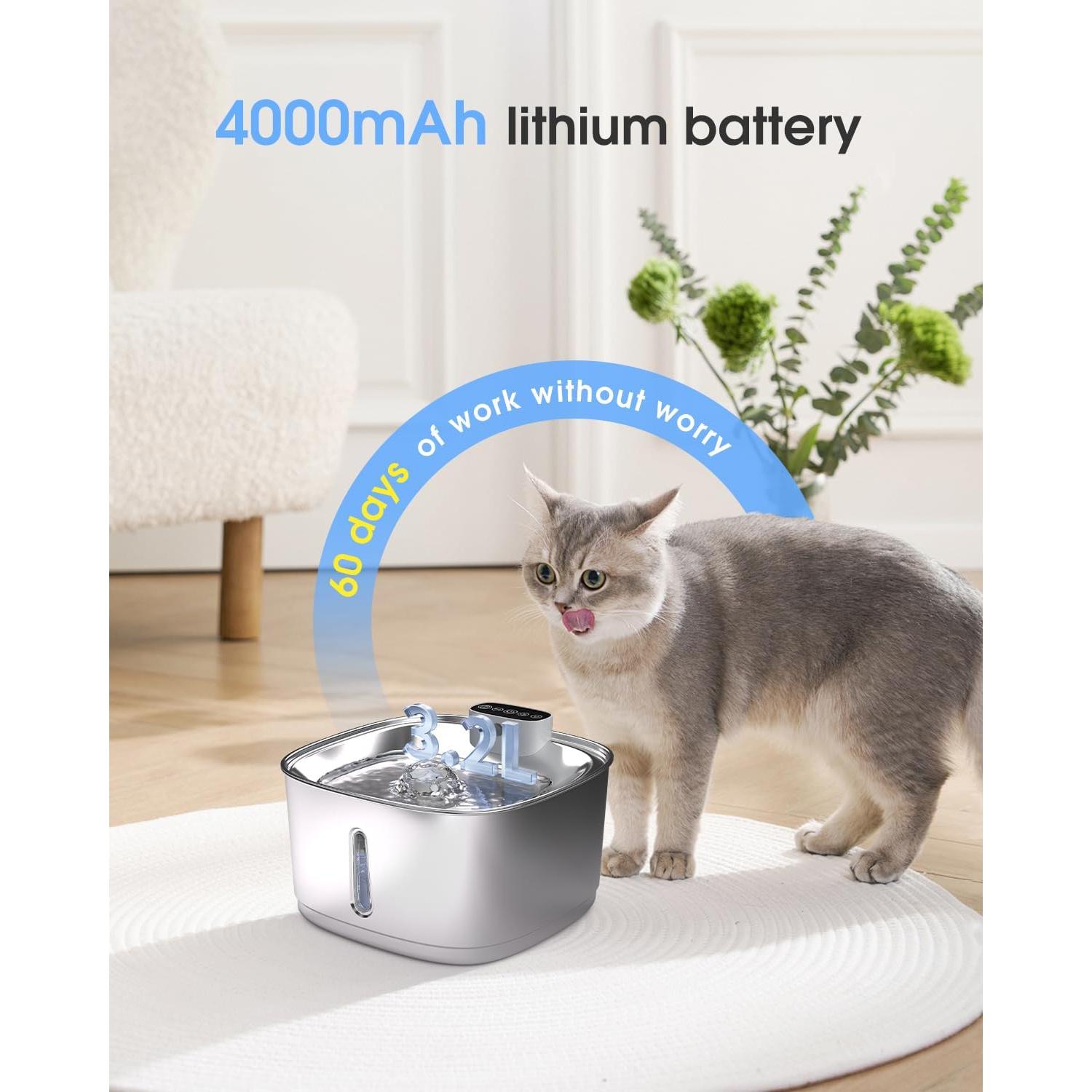 Fuente de Agua Inalámbrica para Gatos Zxuanua 3.2L Acero Inoxidable