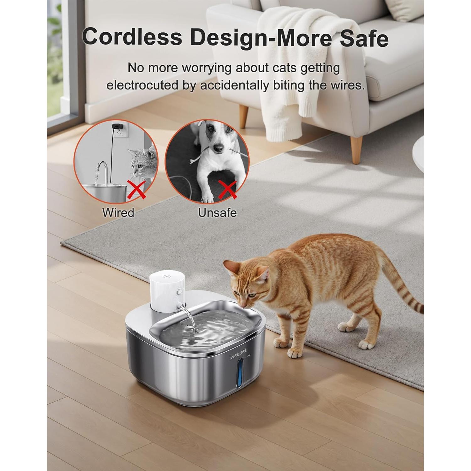 Fuente de Agua Inalámbrica iweepet 3.2L Acero Inoxidable para Gatos