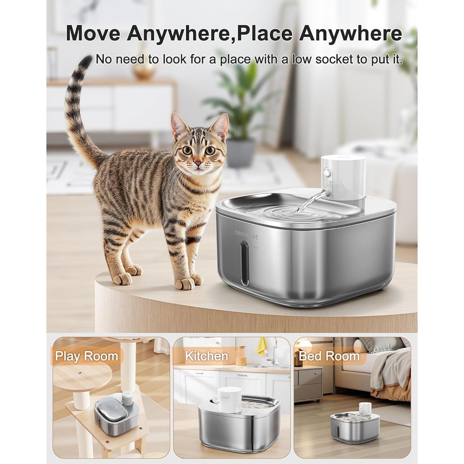 Fuente de Agua Inalámbrica iweepet 3.2L Acero Inoxidable para Gatos