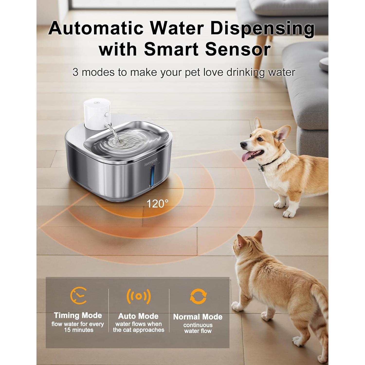 Fuente de Agua Inalámbrica iweepet 3.2L Acero Inoxidable para Gatos