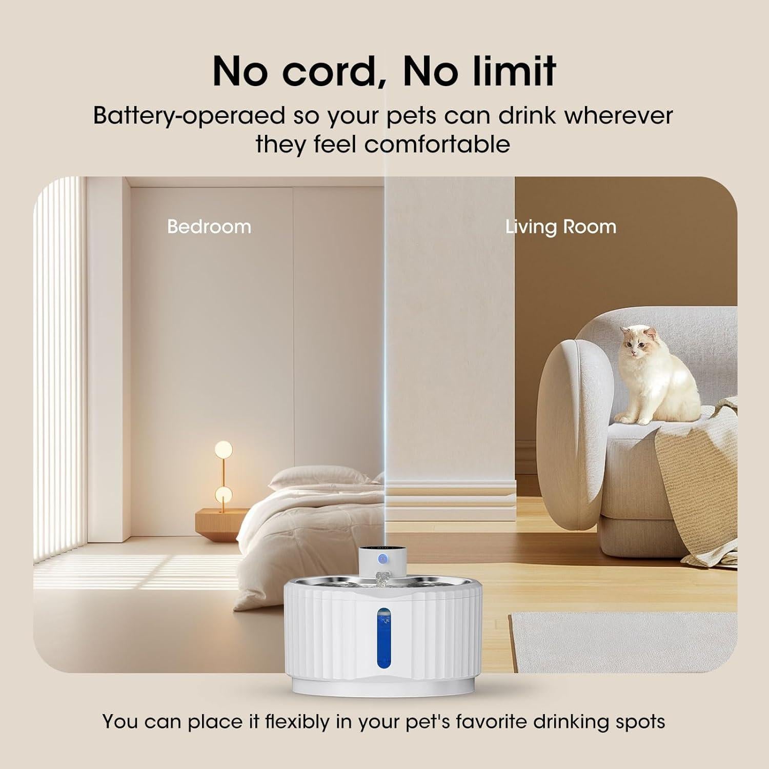 Fuente de Agua Inalámbrica para Gatos JEERAMIA 2.8L Acero Inoxidable