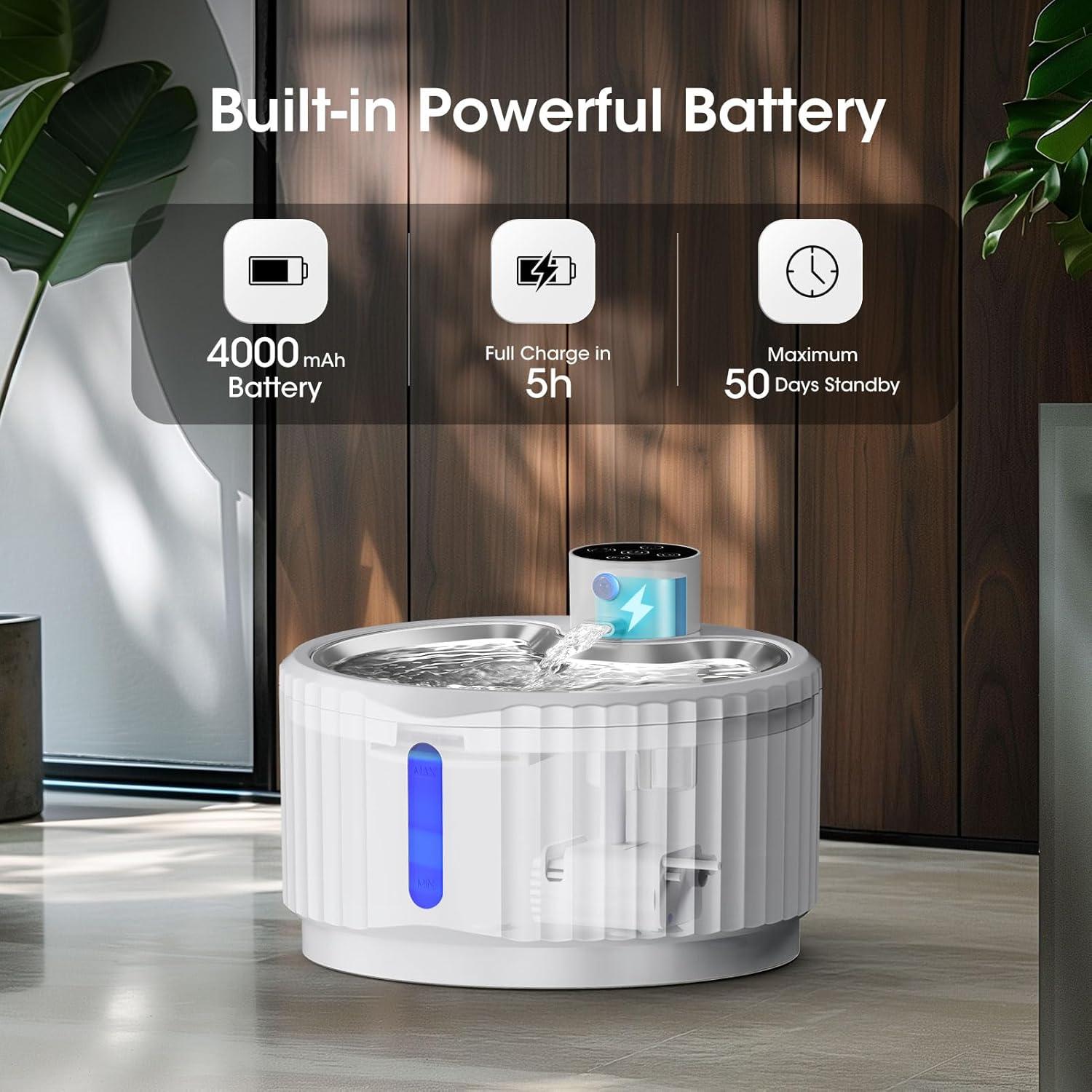 Fuente de Agua Inalámbrica para Gatos JEERAMIA 2.8L Acero Inoxidable