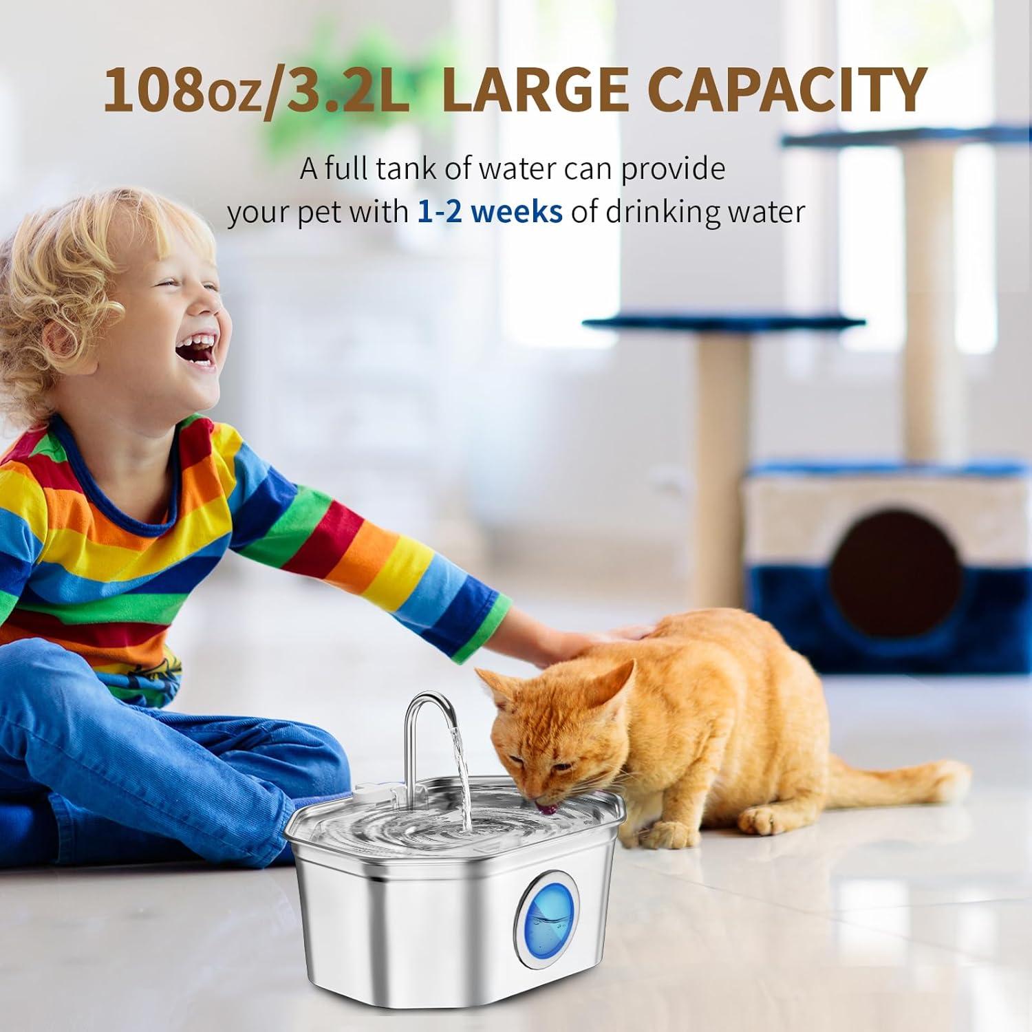 Fuente de Agua para Gatos APAUK Acero Inoxidable 3.2L Silenciosa