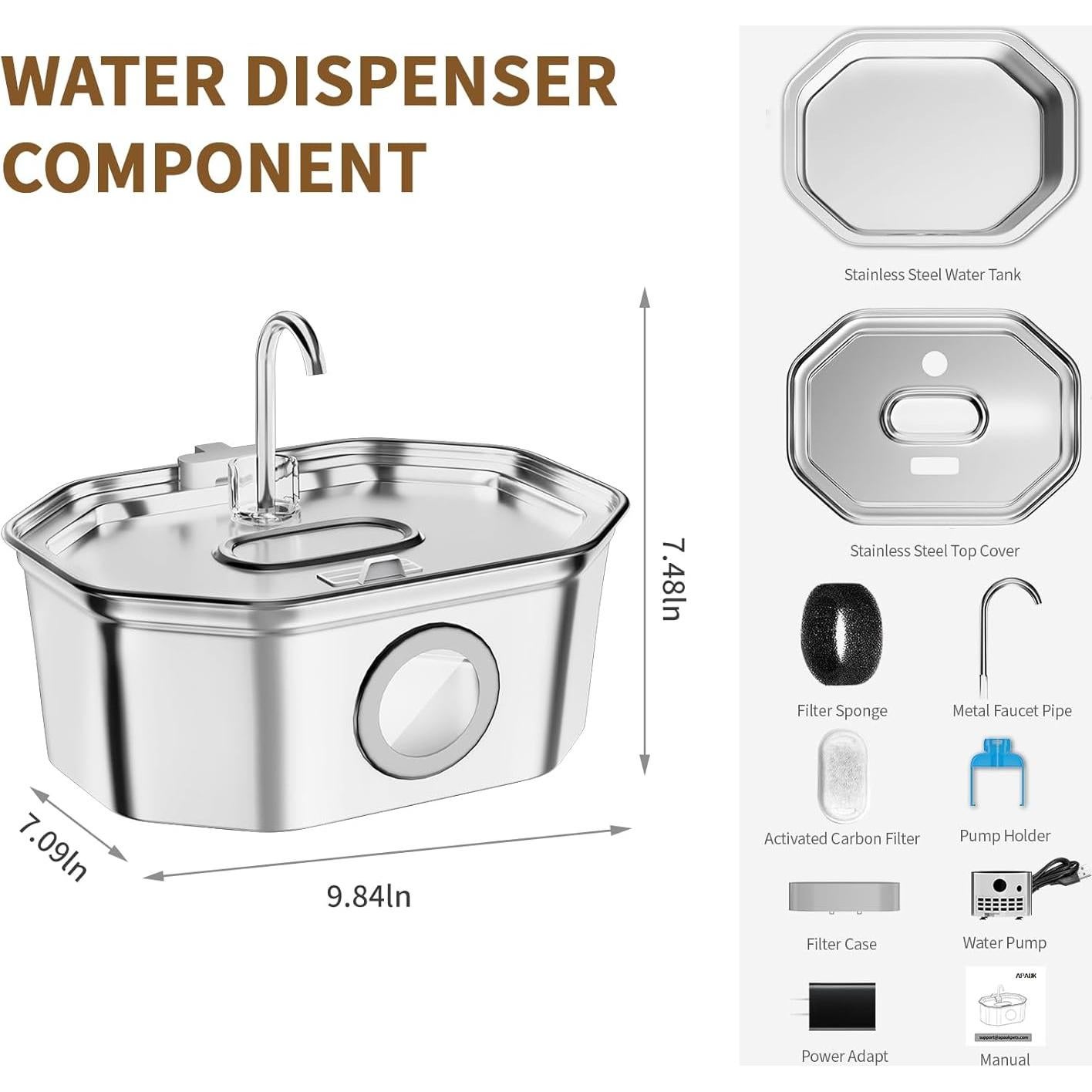 Fuente de Agua para Gatos APAUK Acero Inoxidable 3.2L Silenciosa