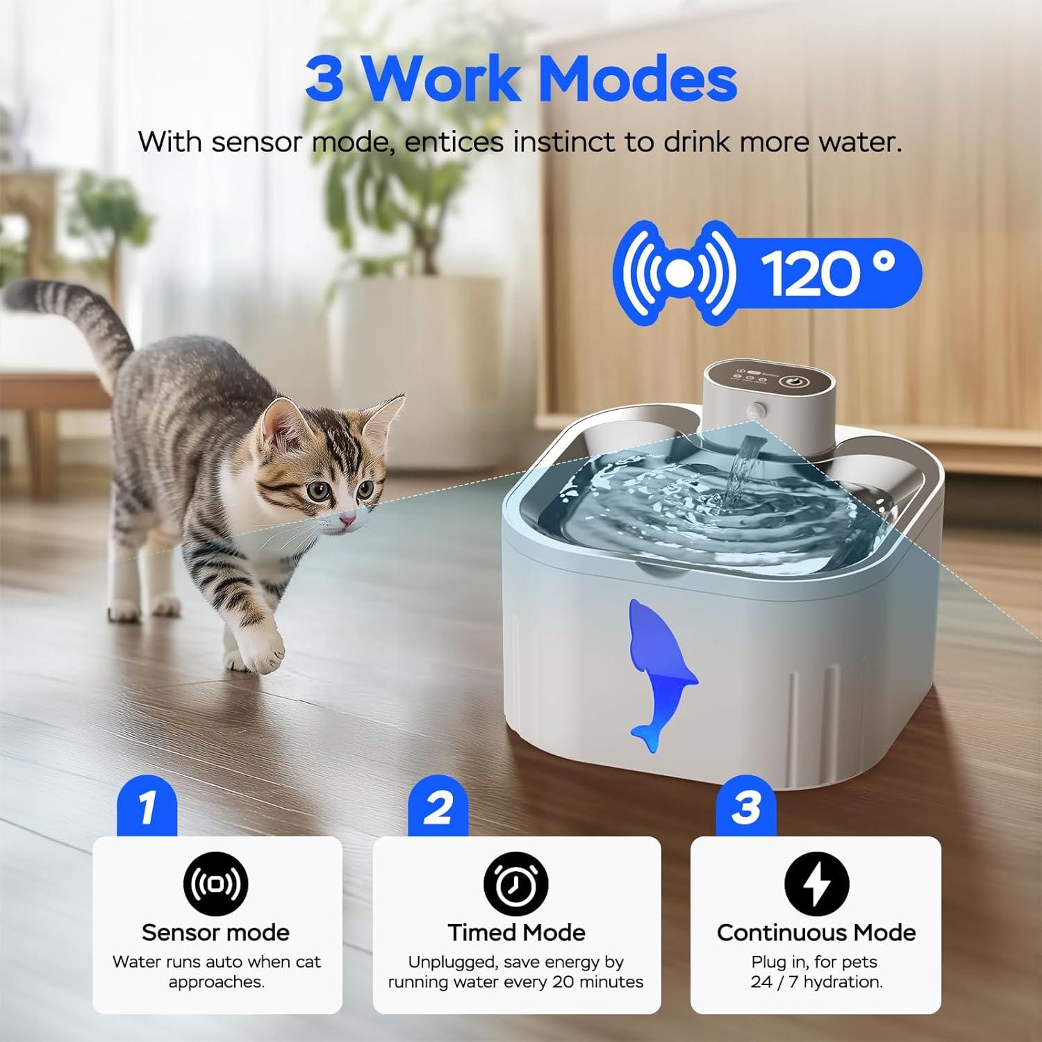 Fuente de Agua Inalámbrica para Gatos Acero Inoxidable 3.2L