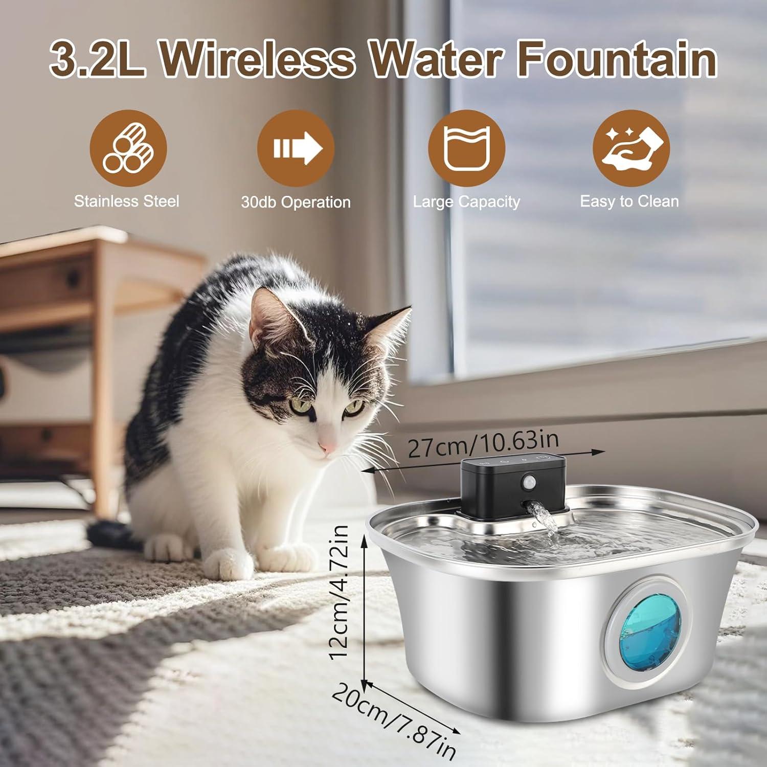 Fuente de Agua Inalámbrica para Gatos Tianwide 3.2L Acero Inoxidable