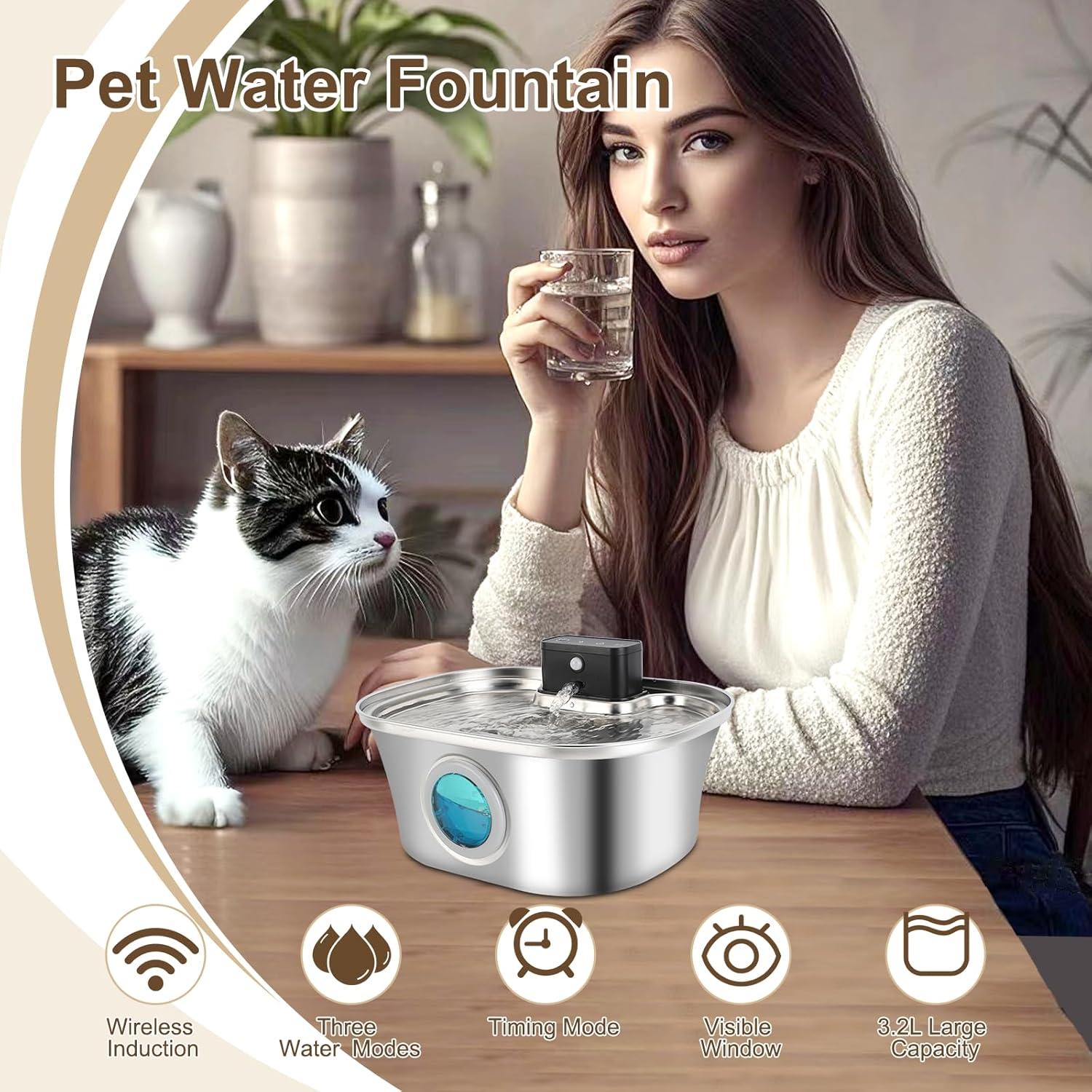 Fuente de Agua Inalámbrica para Gatos Tianwide 3.2L Acero Inoxidable