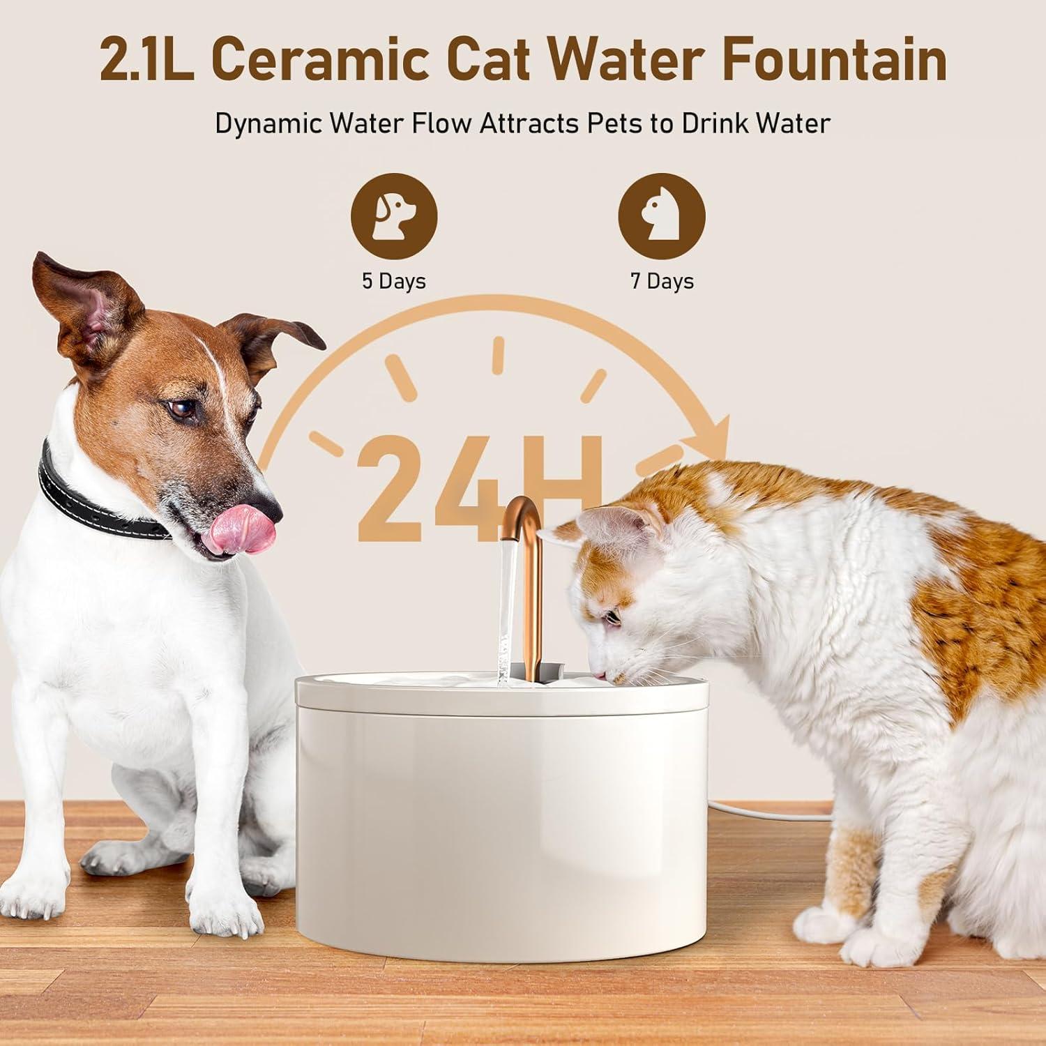 Fuente de Agua para Gatos DOOOB Cerámica 2.1L Ultra-Silenciosa