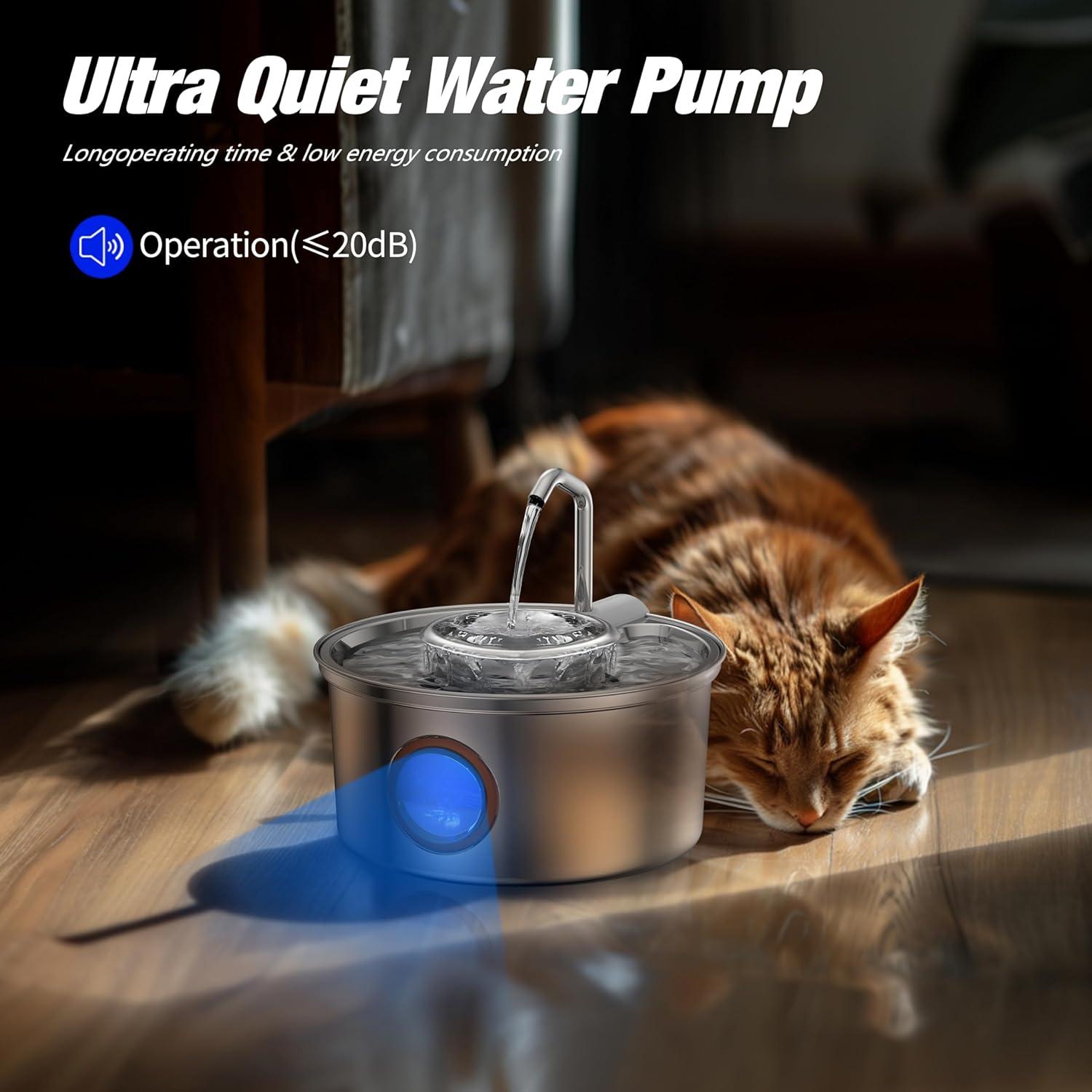 Fuente de Agua para Gatos Hicuper 3.2L Acero Inoxidable Silenciosa