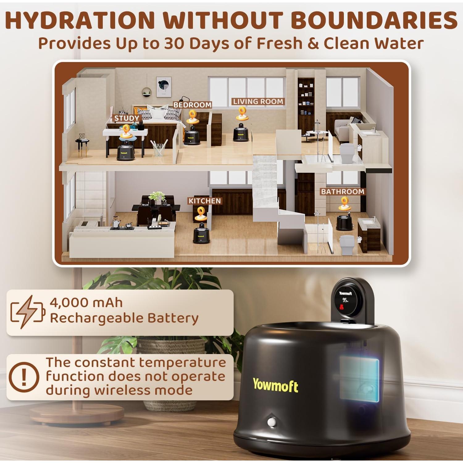 Fuente de Agua Inalámbrica Yowmoft 2.5L Temperatura Constante